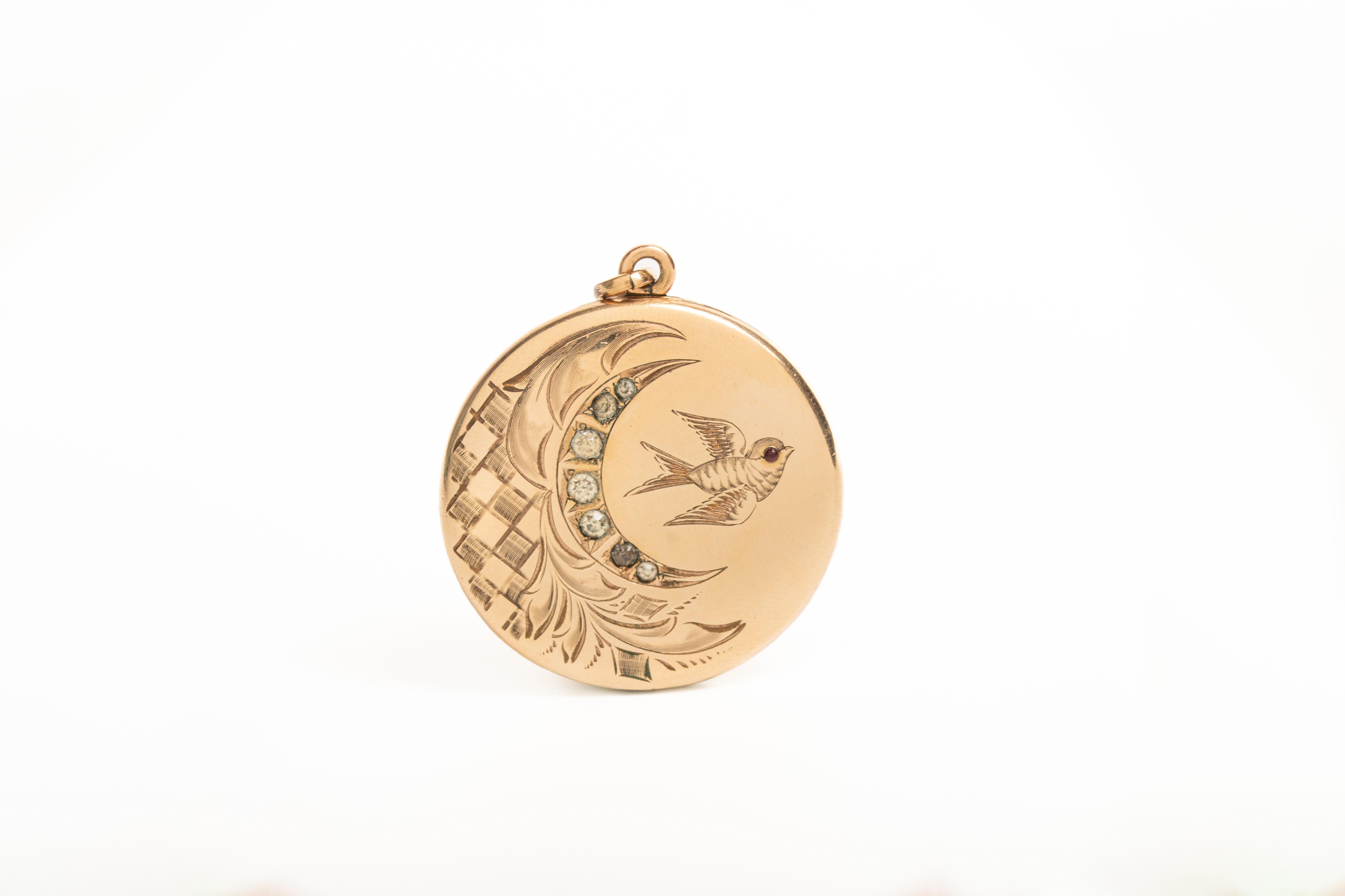 Antique Victorian Gold Plated Crescent Moon And A Swallow Locket 1