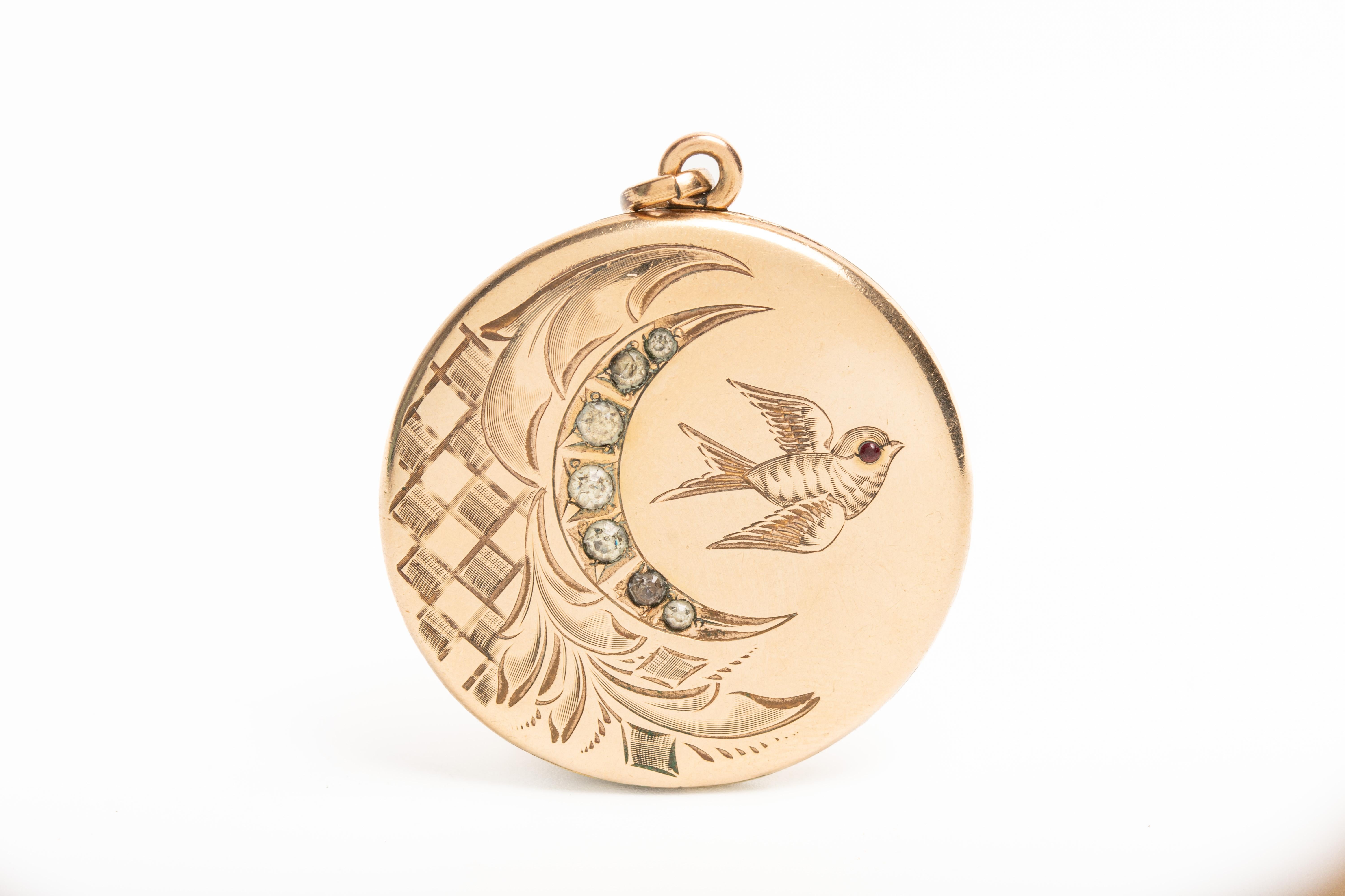 Antique Victorian Gold Plated Crescent Moon And A Swallow Locket For Sale 2