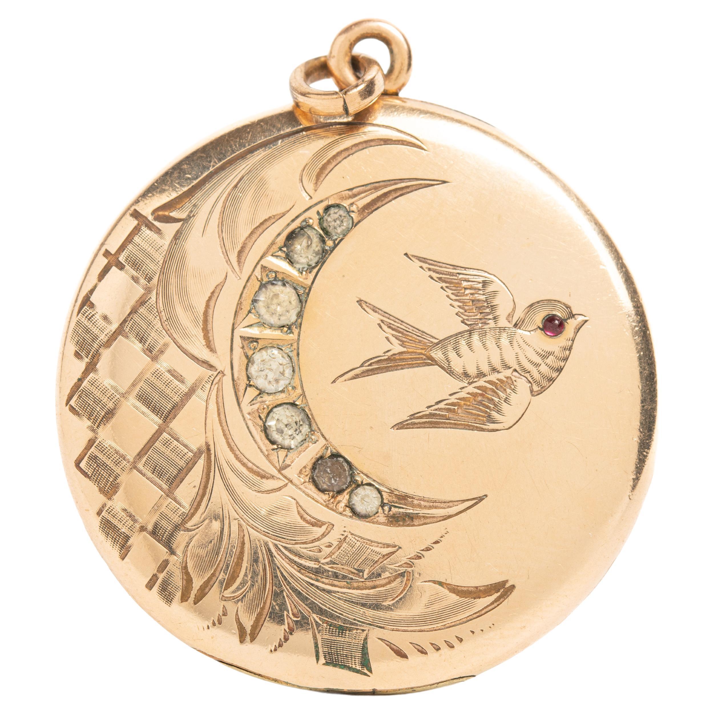 Antique Victorian Gold Plated Crescent Moon And A Swallow Locket For Sale