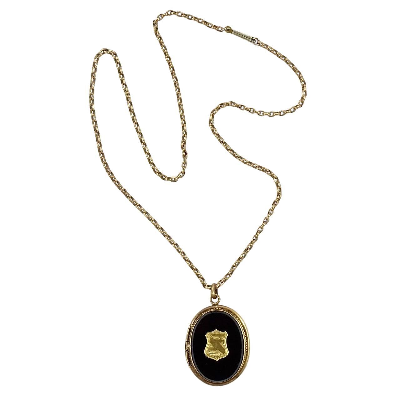 Antique médaillon de deuil de deuil français plaqué or de style victorien avec chaîne Belcher