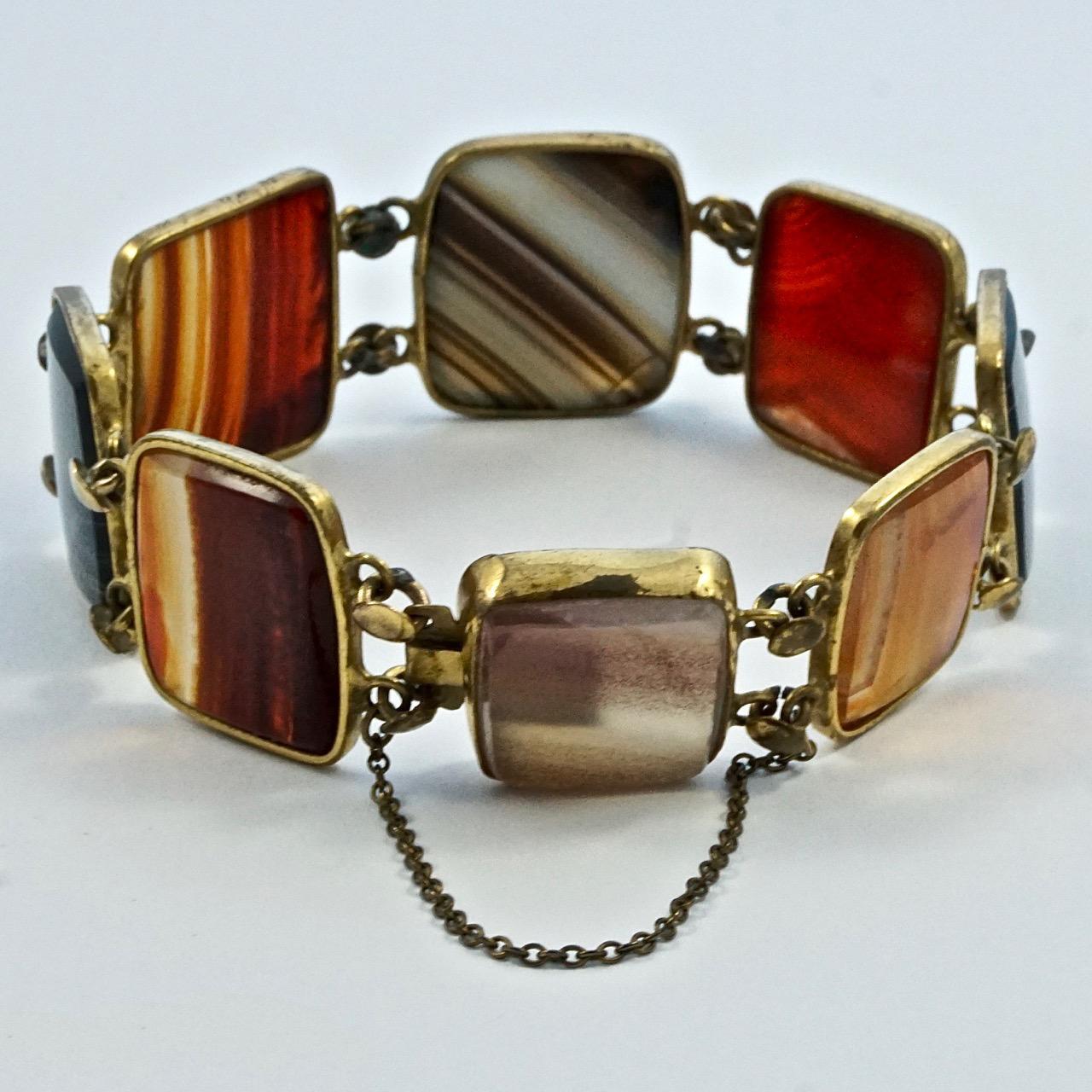 Mixed Cut Antique Victorian Gold Plated Polished Agate Bracelet For Sale