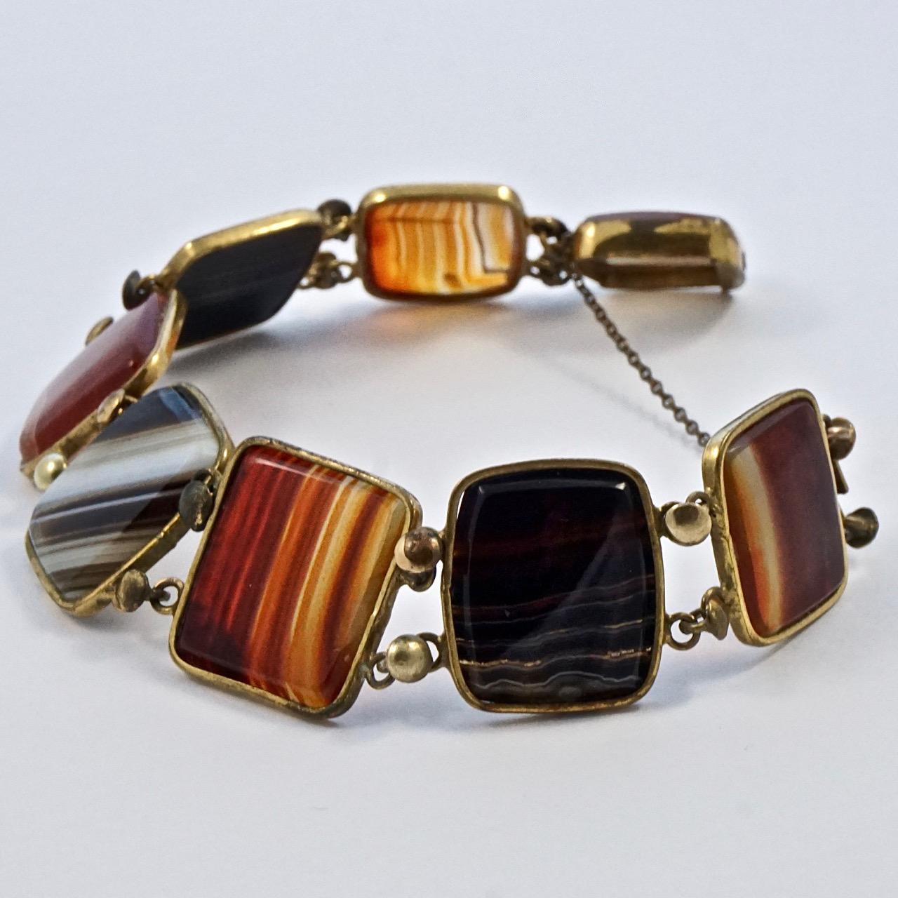 Women's or Men's Antique Victorian Gold Plated Polished Agate Bracelet For Sale