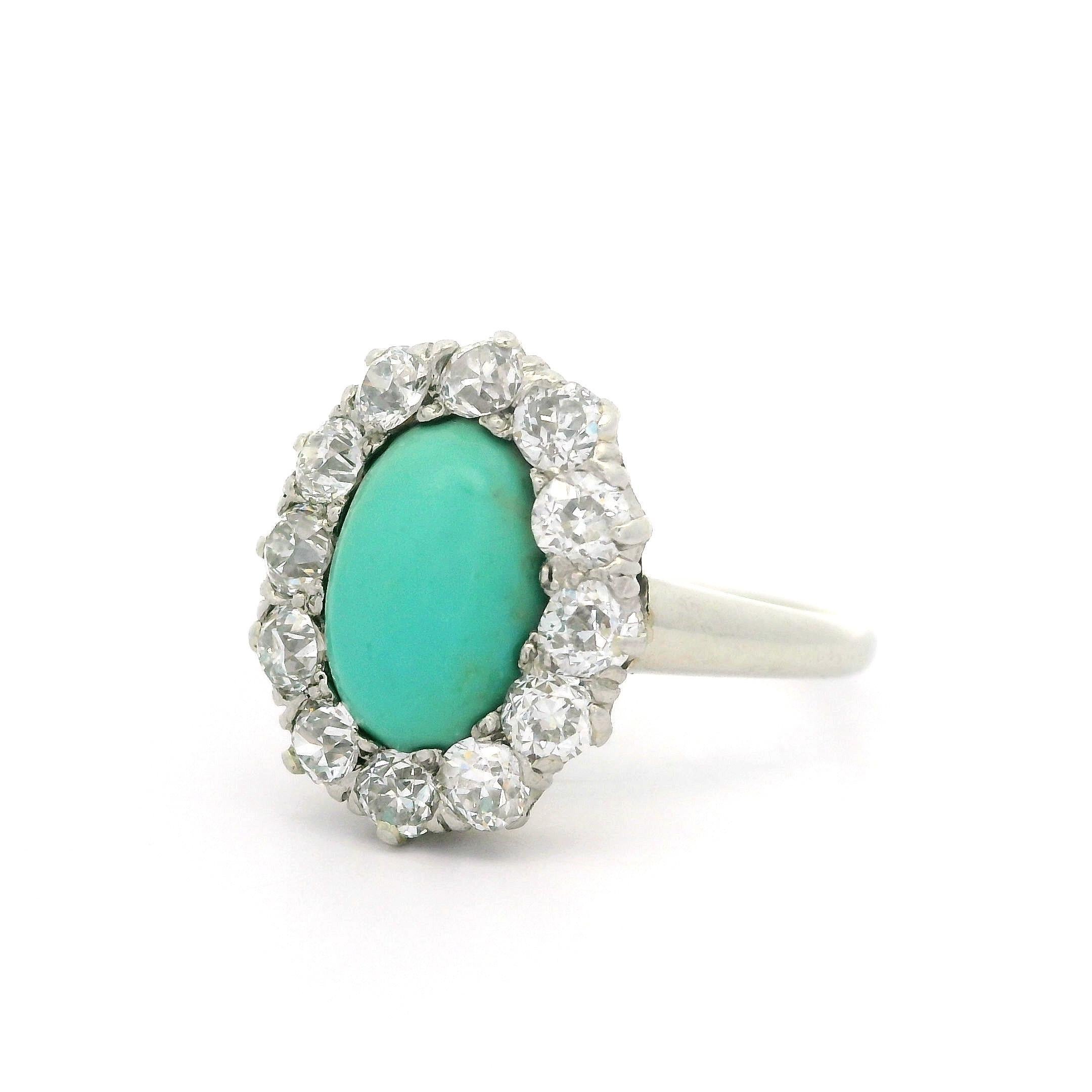Antique Victorian Gold & Platinum Oval Turquoise Old Mine Cut Diamond Halo Ring For Sale 5