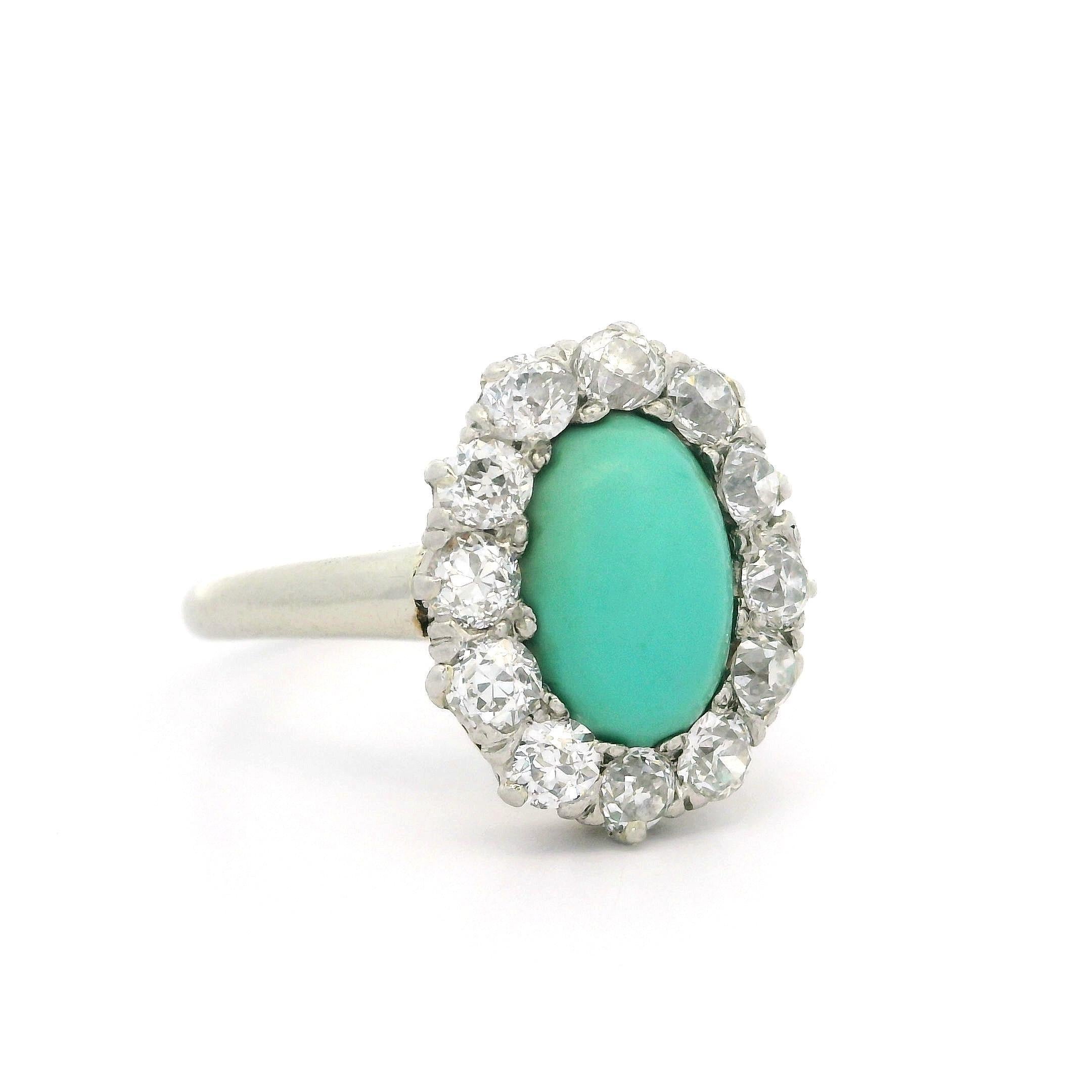 Antique Victorian Gold & Platinum Oval Turquoise Old Mine Cut Diamond Halo Ring For Sale 6