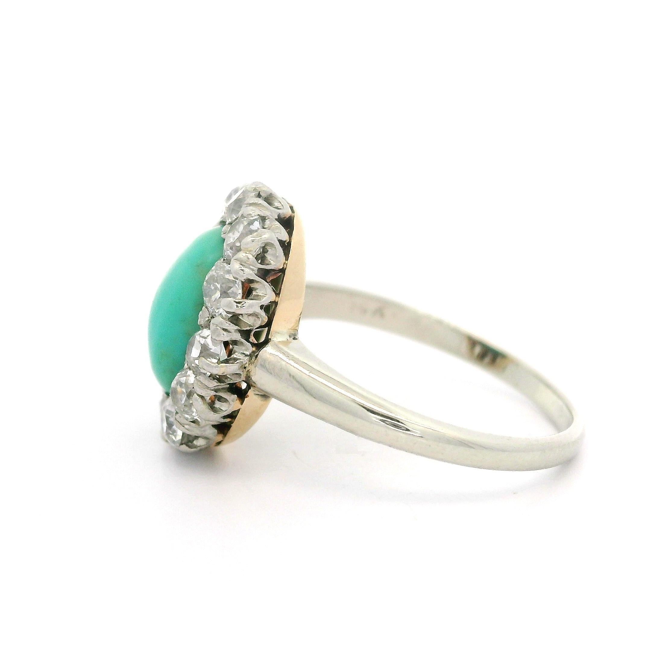 Antique Victorian Gold & Platinum Oval Turquoise Old Mine Cut Diamond Halo Ring For Sale 7