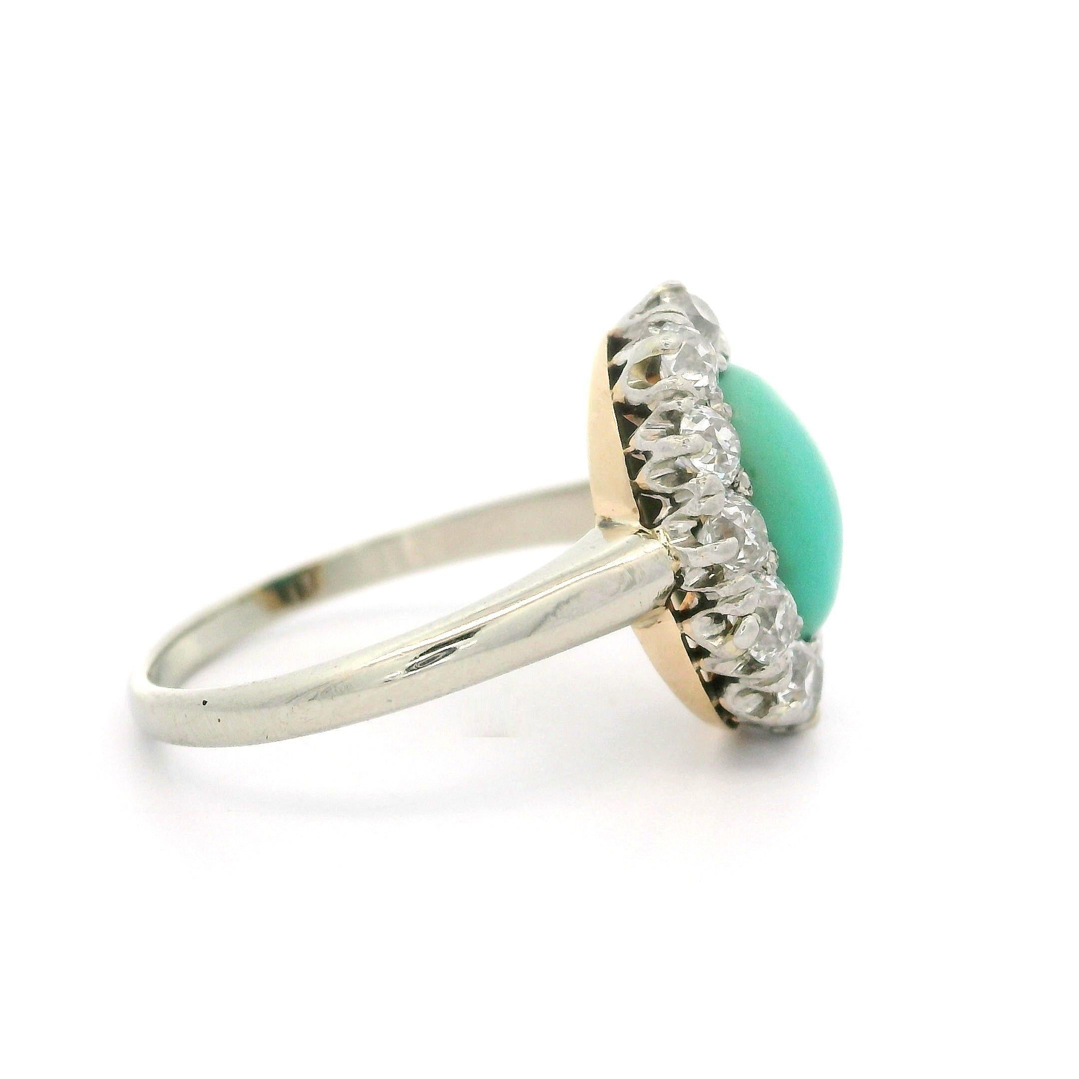 --Stone(s):--
(1) Natural Genuine Turquoise - Oval Cabochon Cut - Prong Set - Robin Egg Blue Color - 8.7x5.7mm (approx.)
(12) Natural Genuine Diamonds - Chunky Old Mine Cut - Prong Set - Nice White Brilliant Color - 0.70ctw (approx.)

Material: