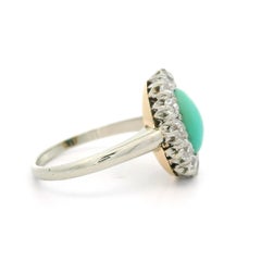 Antique Victorian Gold & Platinum Oval Turquoise Old Mine Cut Diamond Halo Ring