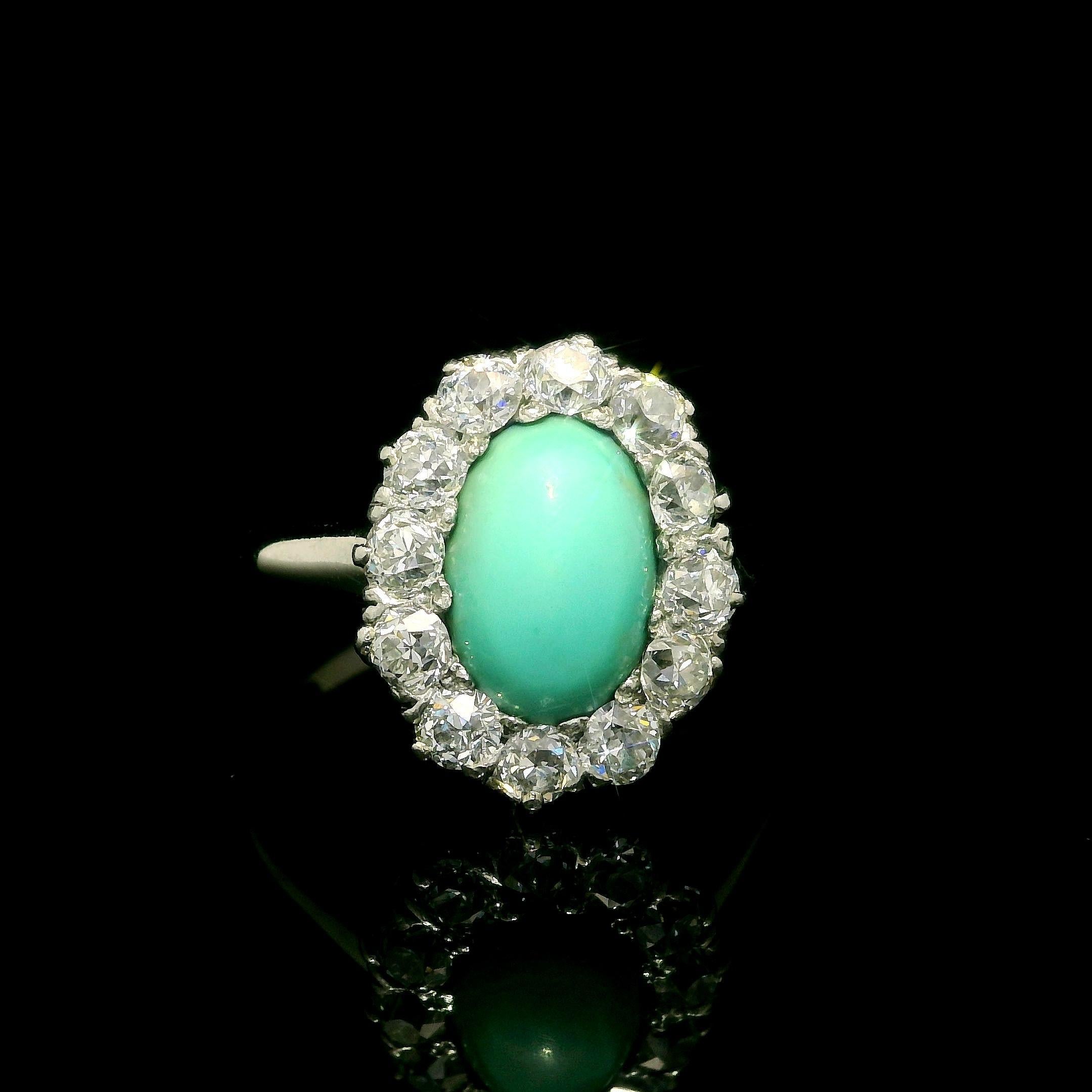 Cabochon Antique Victorian Gold & Platinum Oval Turquoise Old Mine Cut Diamond Halo Ring For Sale