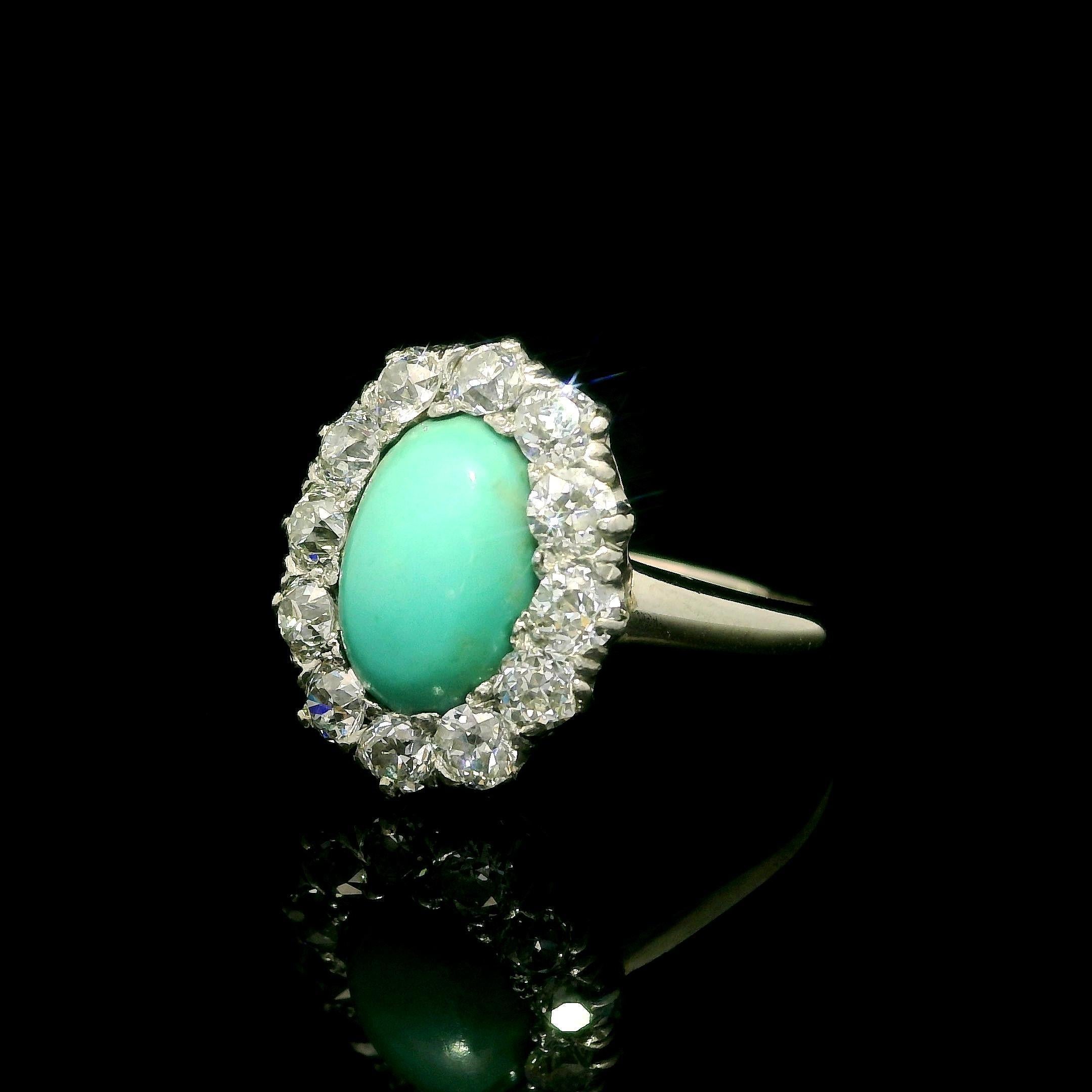 Antique Victorian Gold & Platinum Oval Turquoise Old Mine Cut Diamond Halo Ring For Sale 1