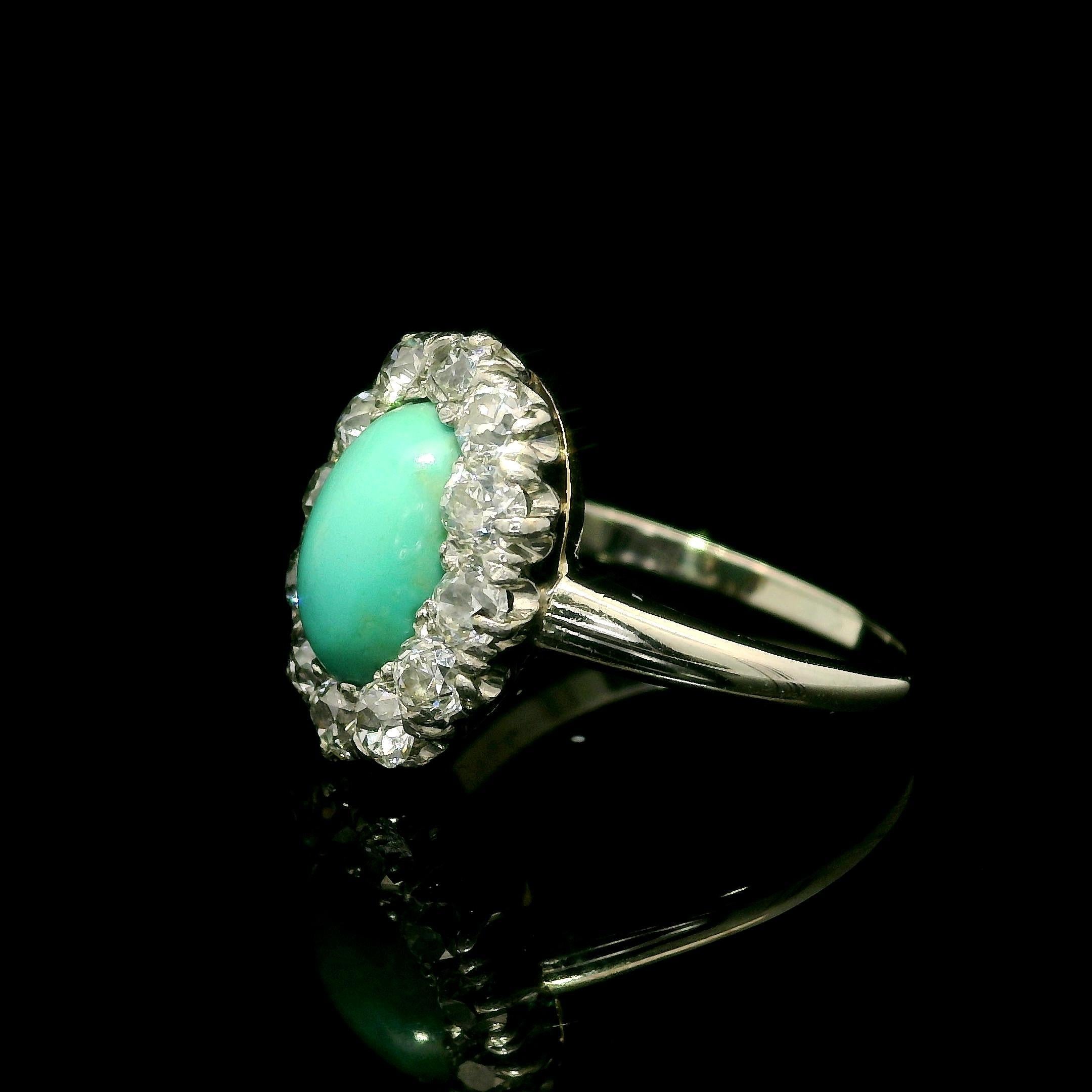 Antique Victorian Gold & Platinum Oval Turquoise Old Mine Cut Diamond Halo Ring For Sale 2
