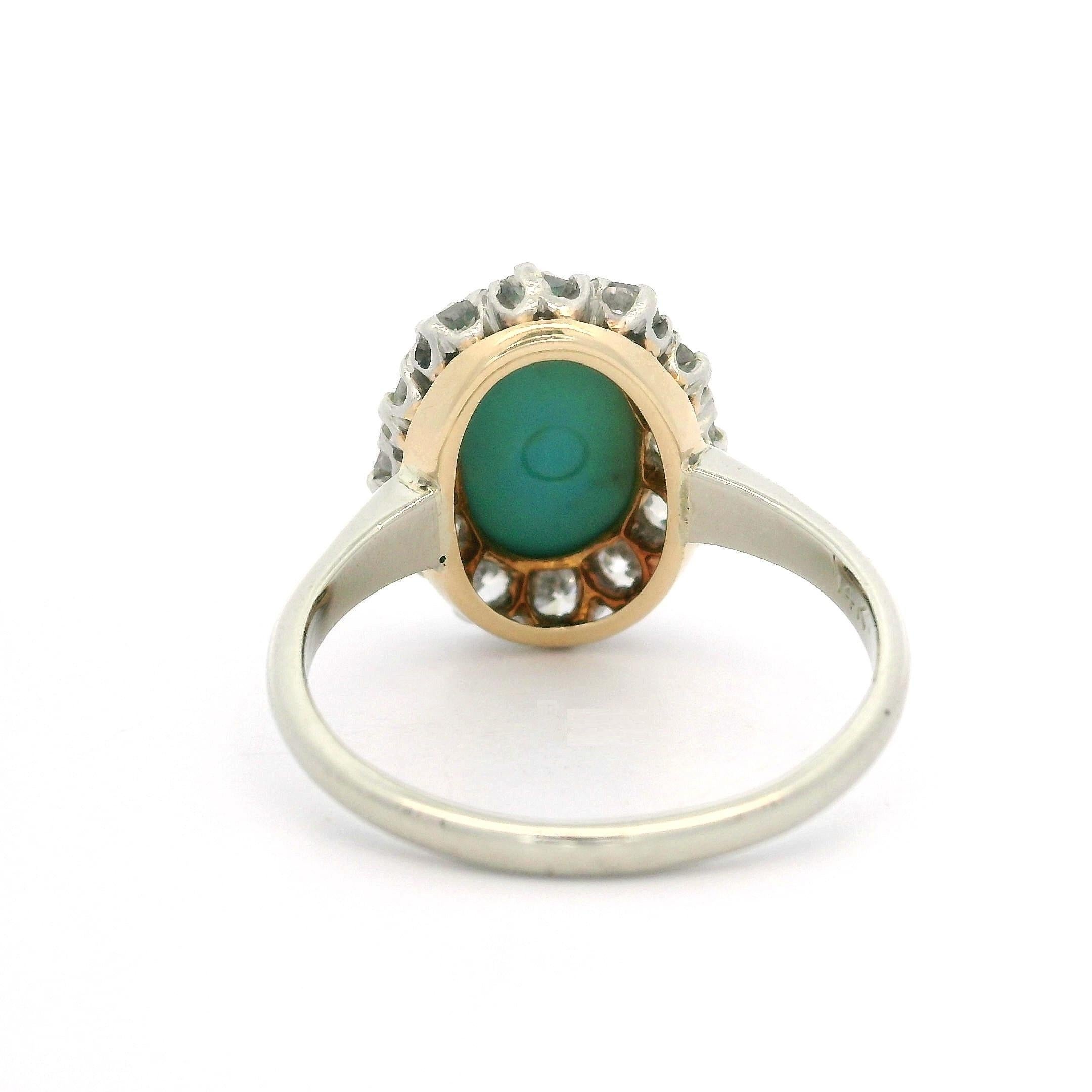 Antique Victorian Gold & Platinum Oval Turquoise Old Mine Cut Diamond Halo Ring For Sale 3