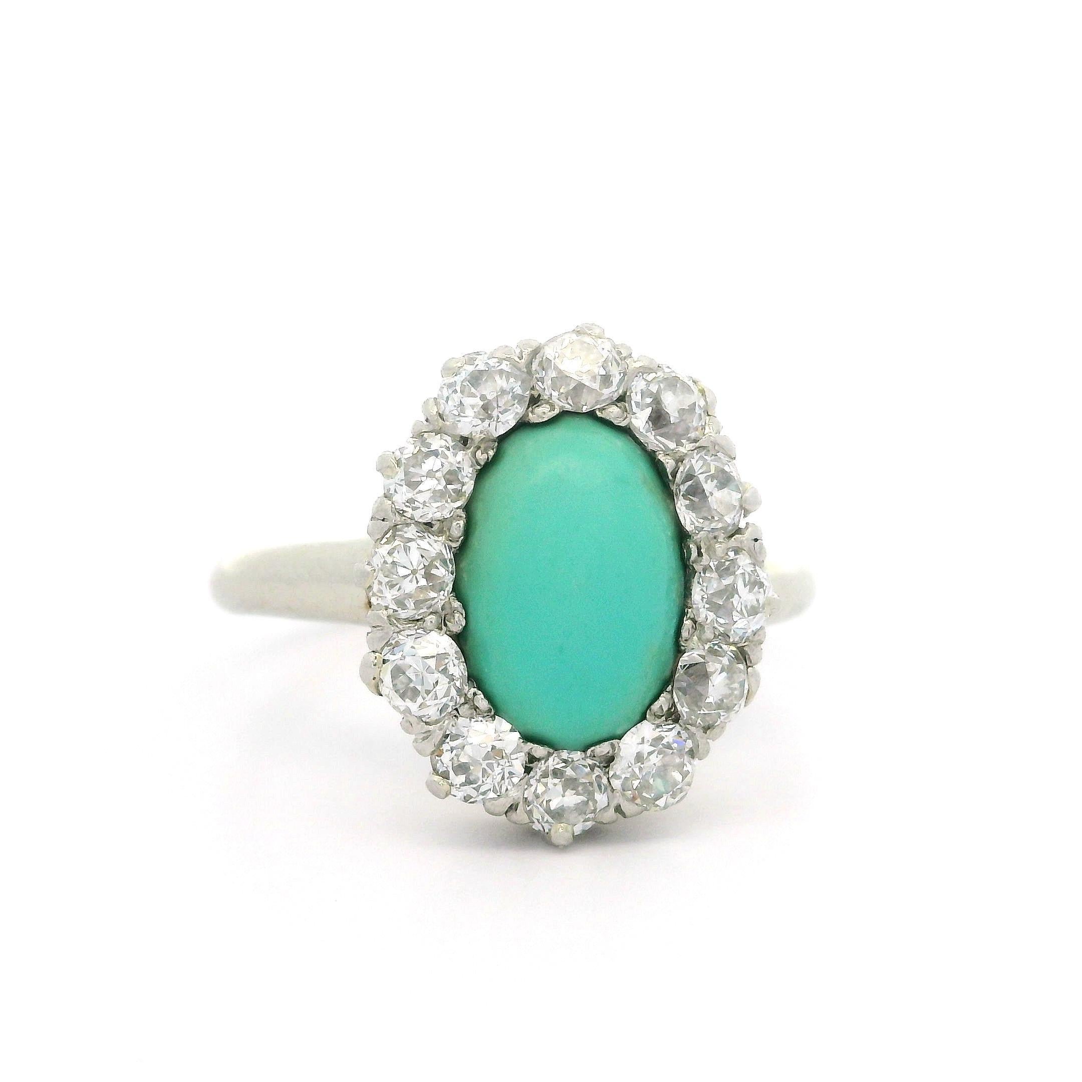Antique Victorian Gold & Platinum Oval Turquoise Old Mine Cut Diamond Halo Ring