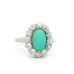 Antique Victorian Gold & Platinum Oval Turquoise Old Mine Cut Diamond Halo Ring