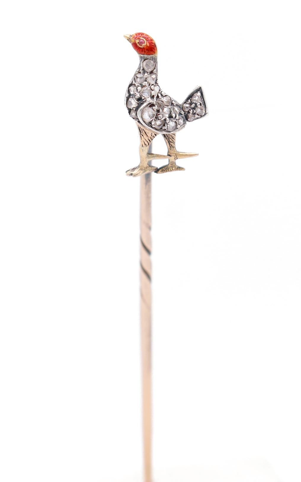 Antique Victorian Gold, Rose Cut Diamond, and Enamel Pheasant Stickpin In Good Condition For Sale In Philadelphia, PA