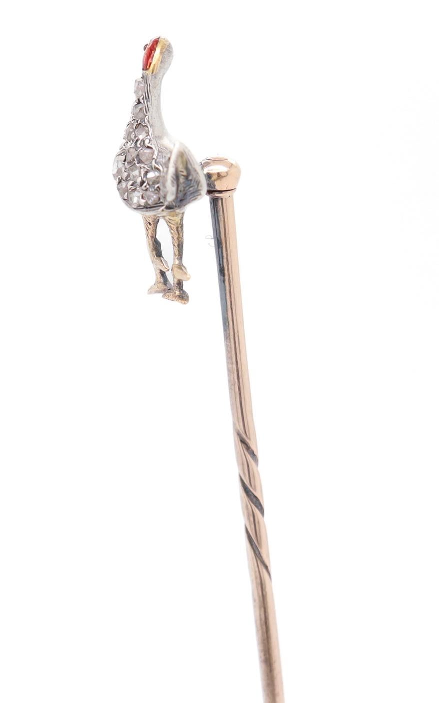 Antique Victorian Gold, Rose Cut Diamond, and Enamel Pheasant Stickpin For Sale 1