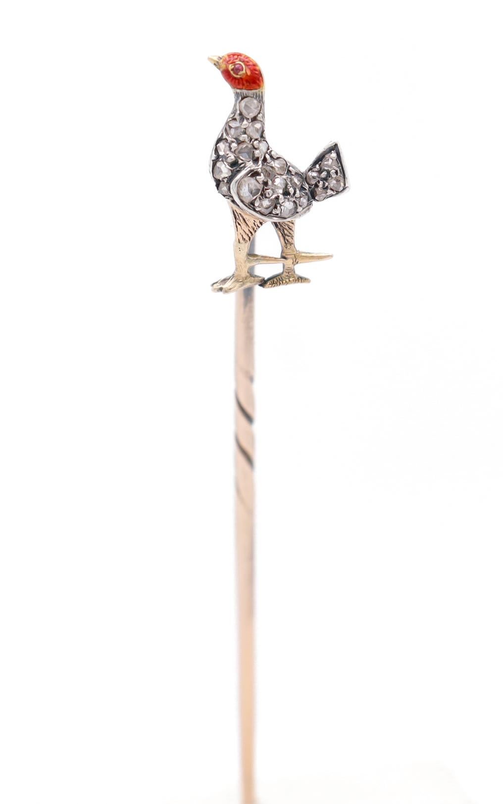 Epingle à badge victorienne ancienne en or, diamant taillé en rose et émail, représentant un faisan en vente 2