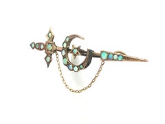 Antique Victorian Gold Round Opal Sword Crescent Star Jabot Dagger Pin Brooch