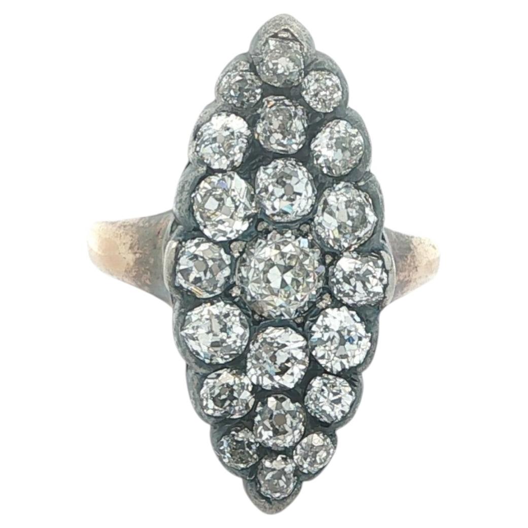 Antiker viktorianischer Gold Silber 2,44ctw Pave Altschliff Diamant Marquise Navette Ring im Angebot