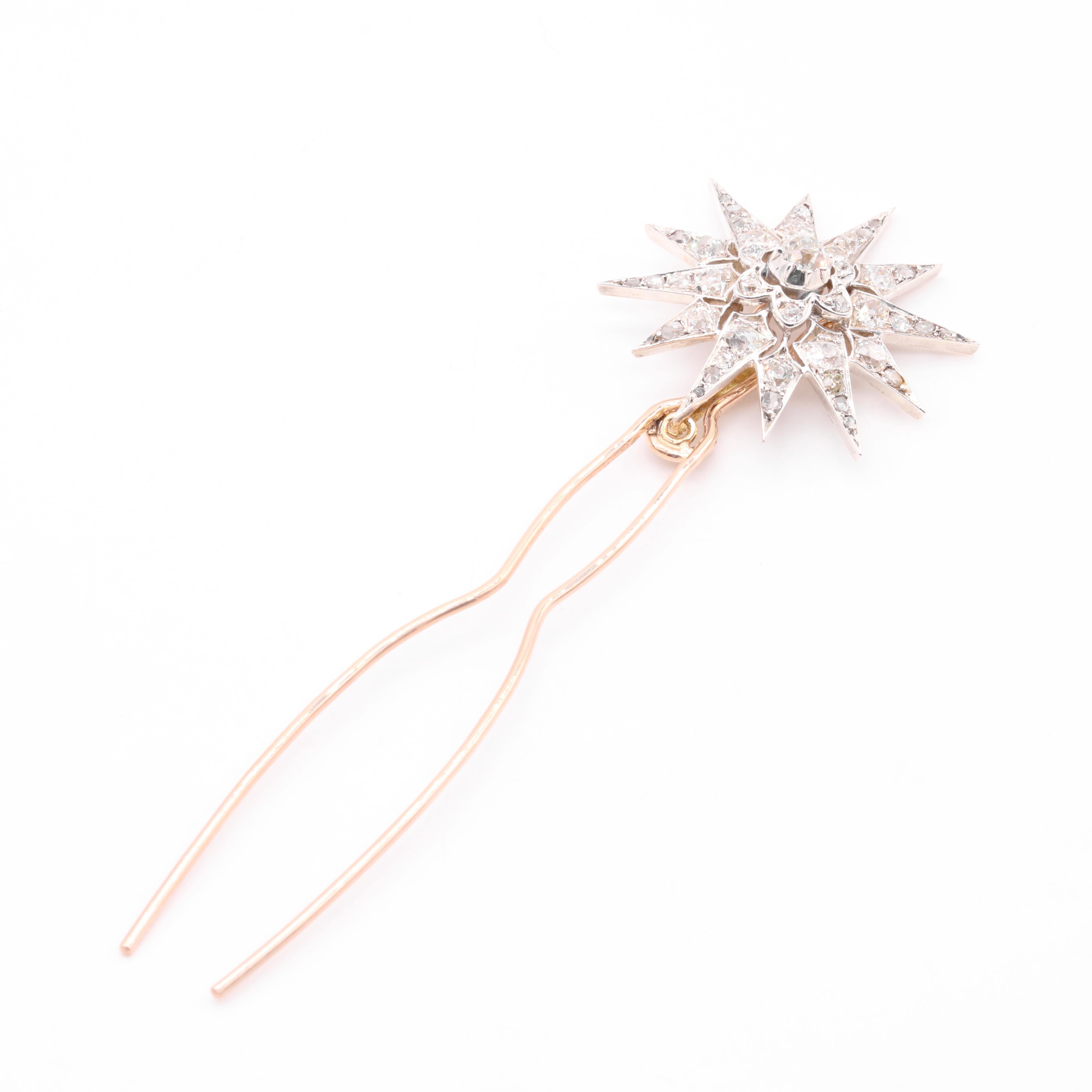 Antike viktorianische Gold & Silber 3,18ctw Old Cut Diamond Star Anhänger & Hair Pin im Angebot 5