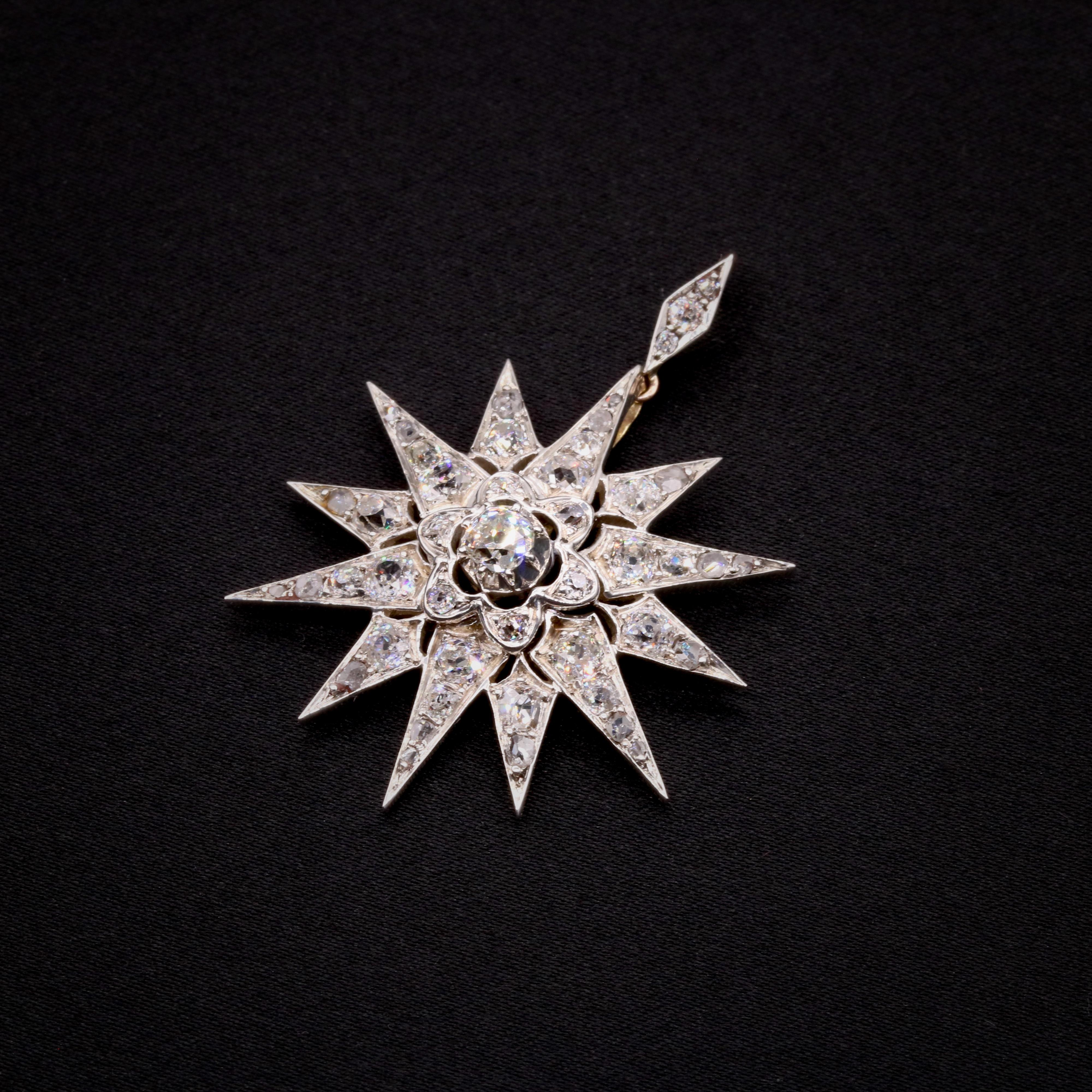 Old Mine Cut Antique Victorian Gold & Silver 3.18ctw Old Cut Diamond Star Pendant & Hair Pin  For Sale