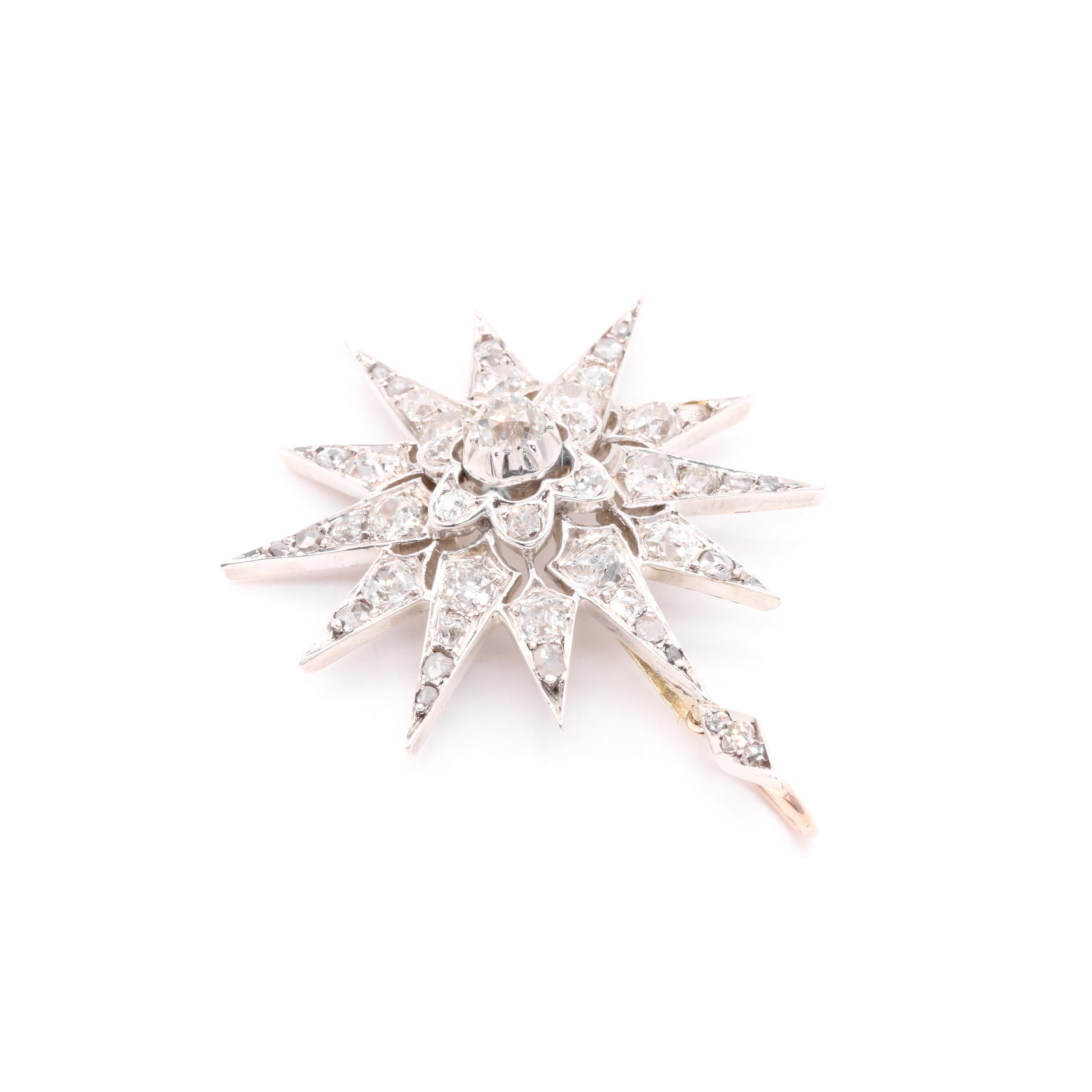 Antike viktorianische Gold & Silber 3,18ctw Old Cut Diamond Star Anhänger & Hair Pin im Zustand „Gut“ im Angebot in Staines-Upon-Thames, GB