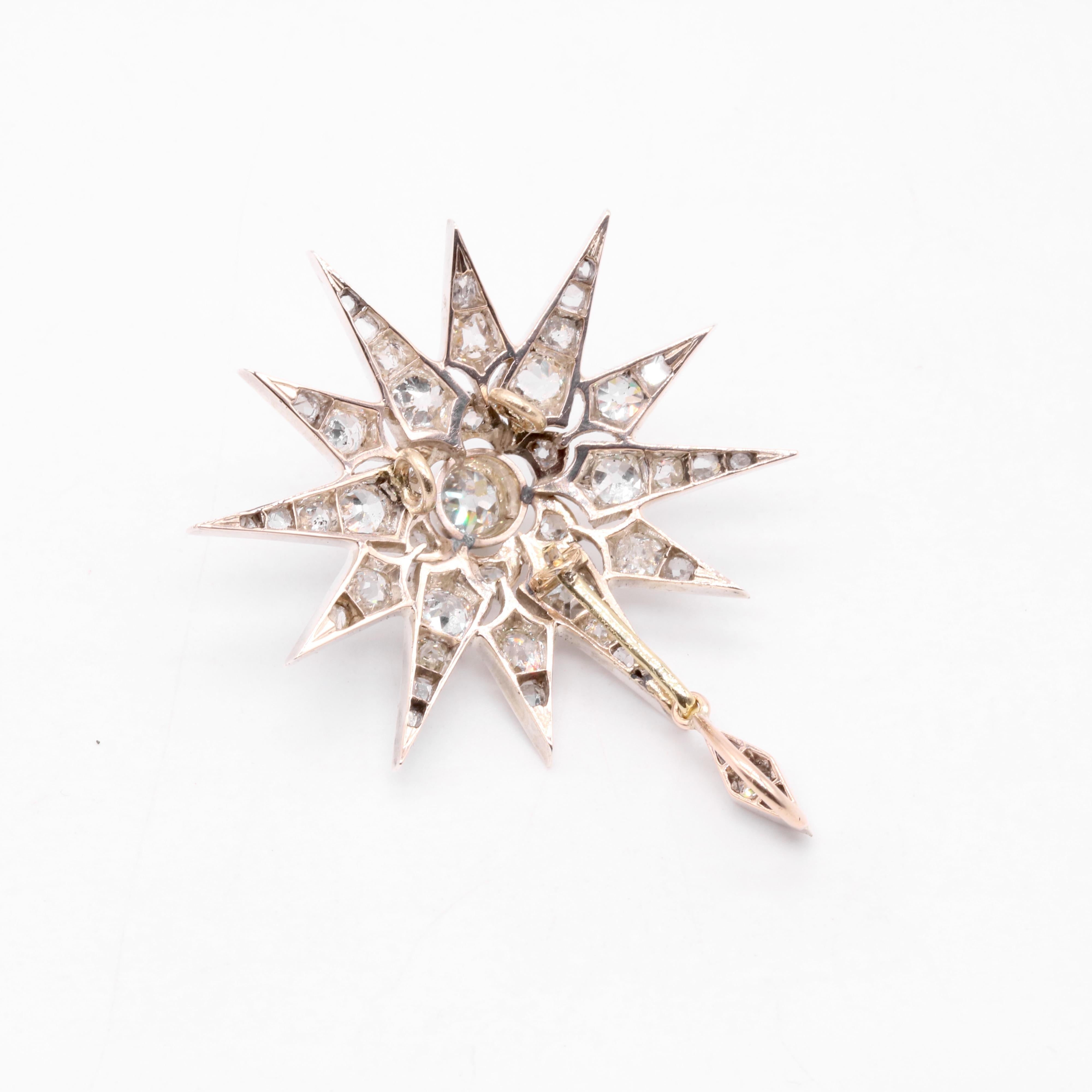 Antique Victorian Gold & Silver 3.18ctw Old Cut Diamond Star Pendant & Hair Pin  For Sale 1