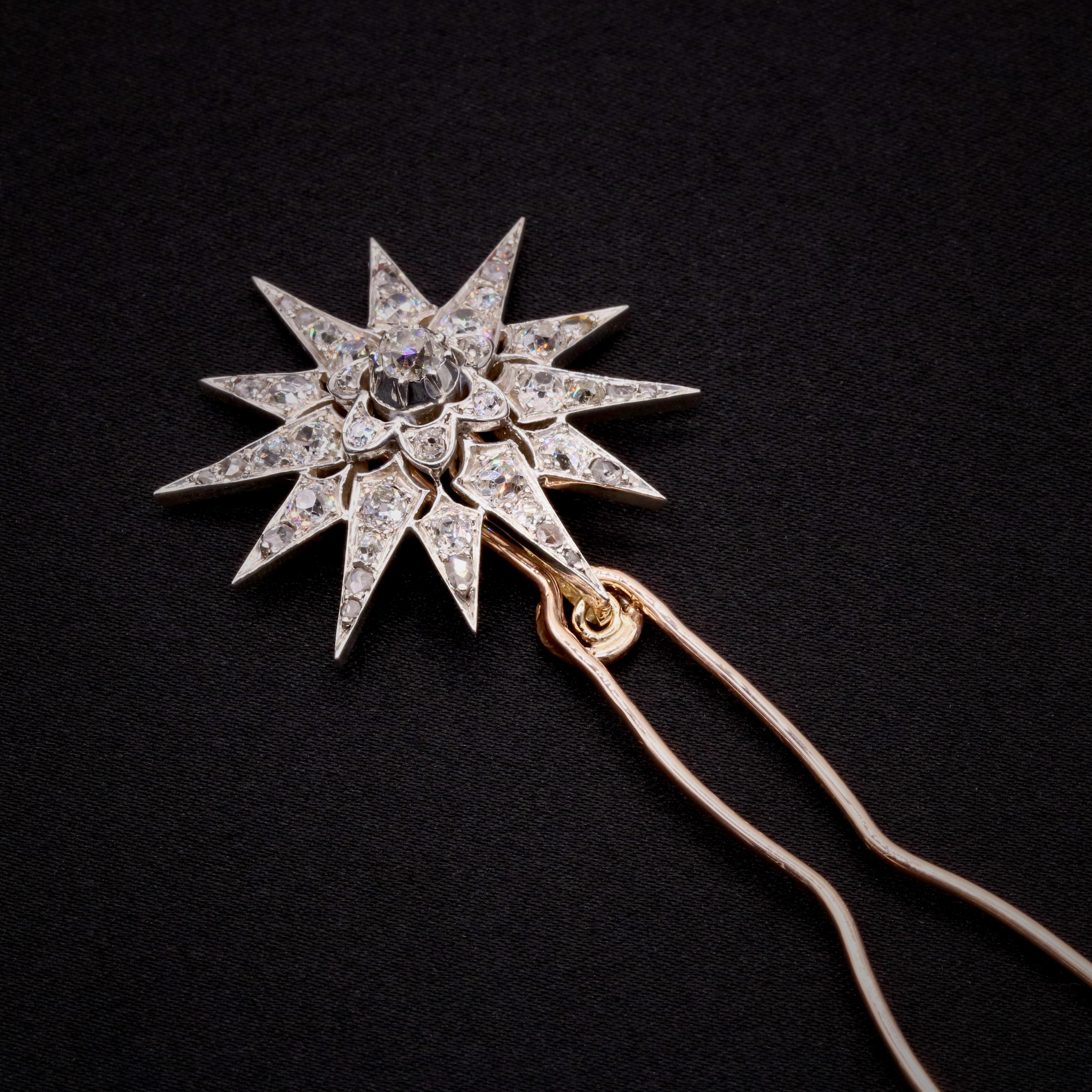 Antique Victorian Gold & Silver 3.18ctw Old Cut Diamond Star Pendant & Hair Pin  For Sale 4