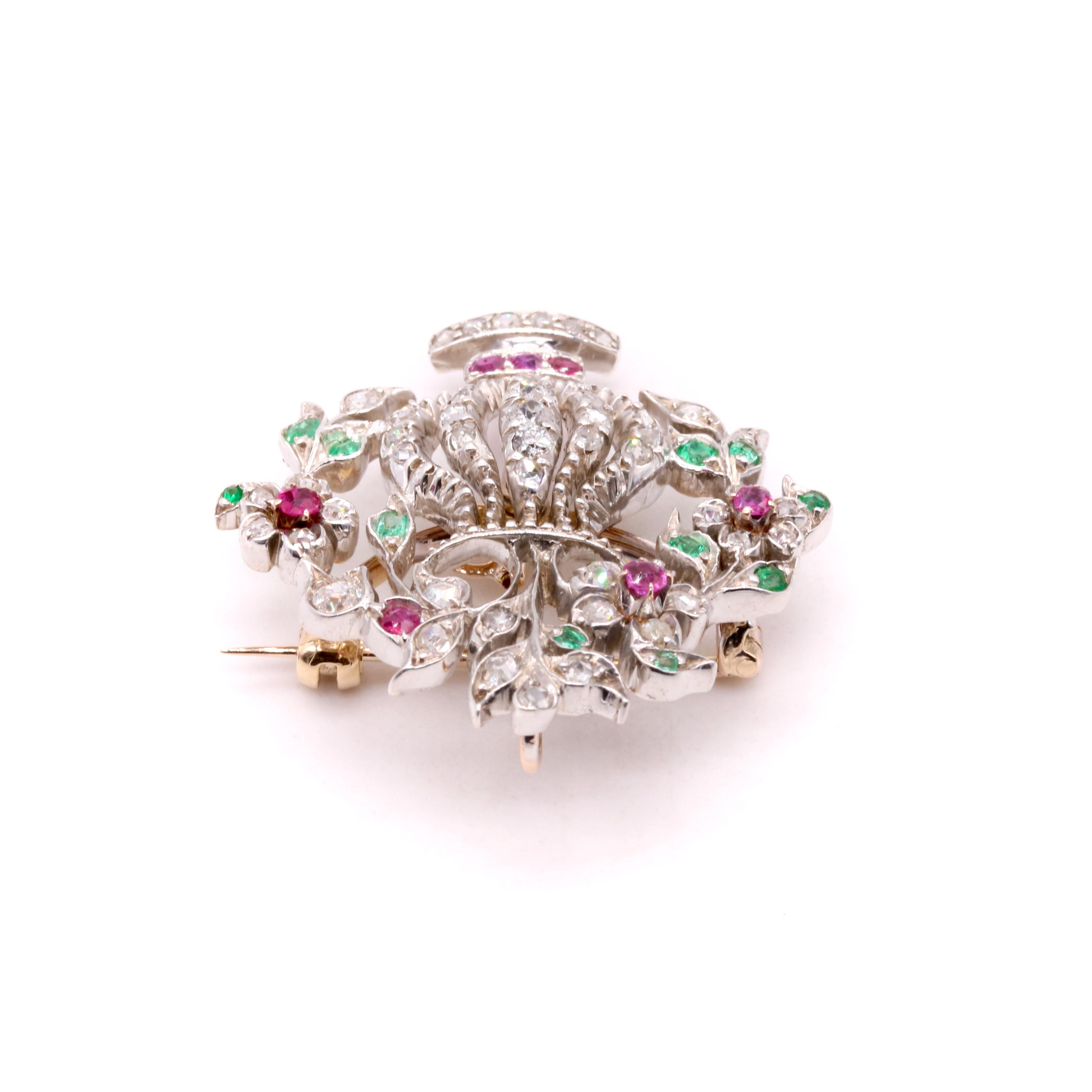 Antiguo broche victoriano de oro y plata con colgante de diamantes, rubíes y esmeraldas Jardiniere en venta 4