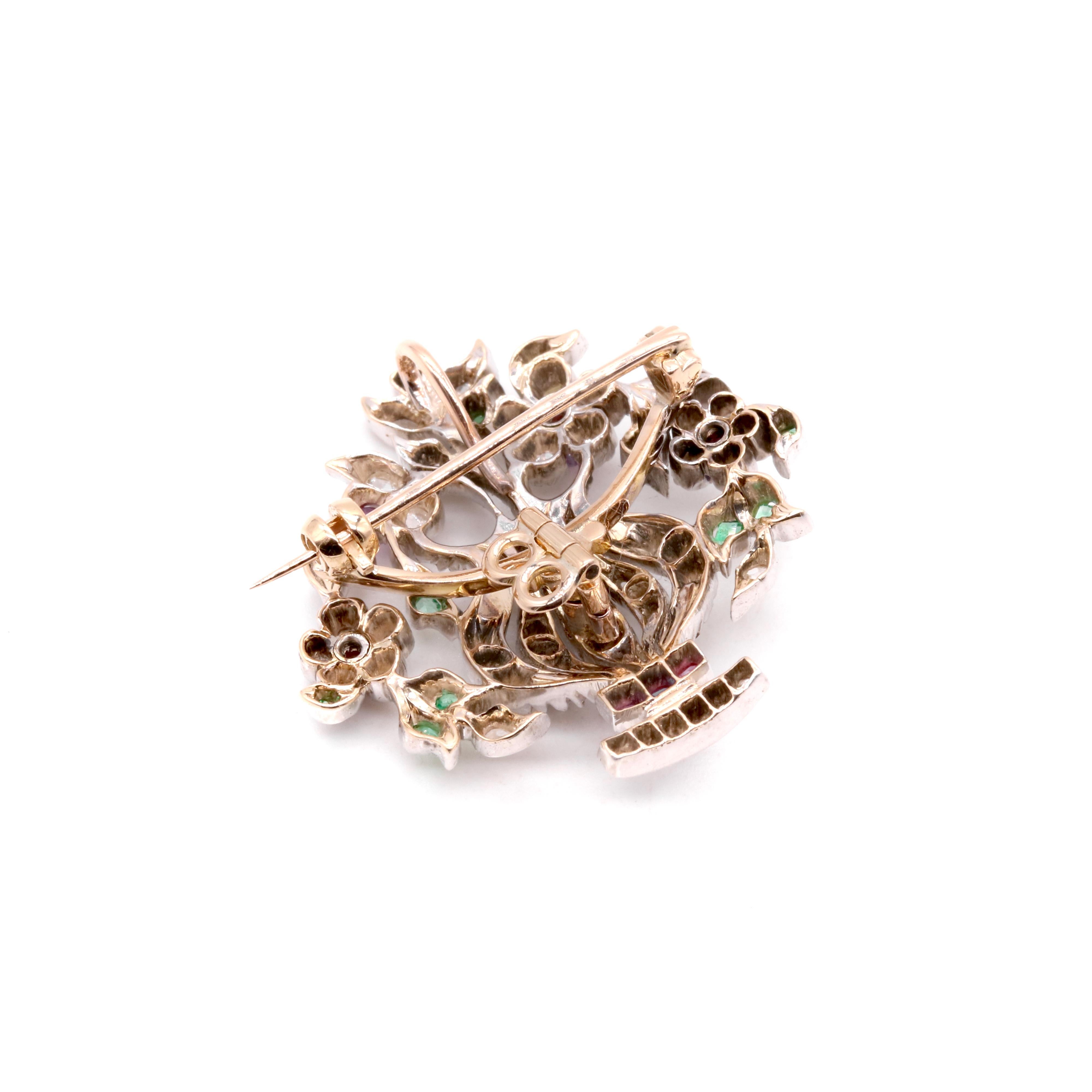 Antiguo broche victoriano de oro y plata con colgante de diamantes, rubíes y esmeraldas Jardiniere en venta 5