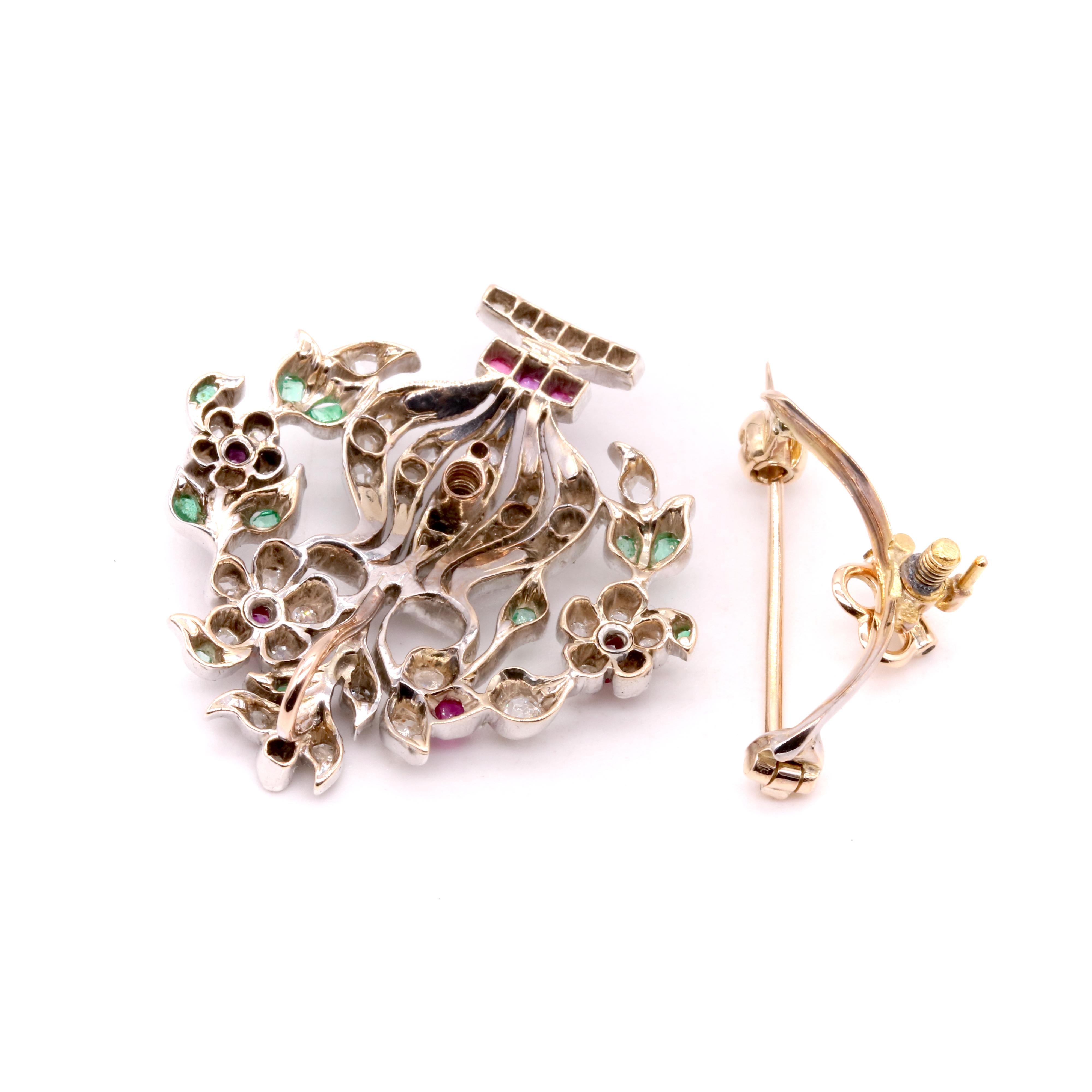 Antiguo broche victoriano de oro y plata con colgante de diamantes, rubíes y esmeraldas Jardiniere en venta 6