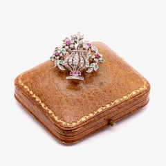 Antique Victorian Gold & Silver Diamond Ruby & Emerald Jardiniere Pendant Brooch