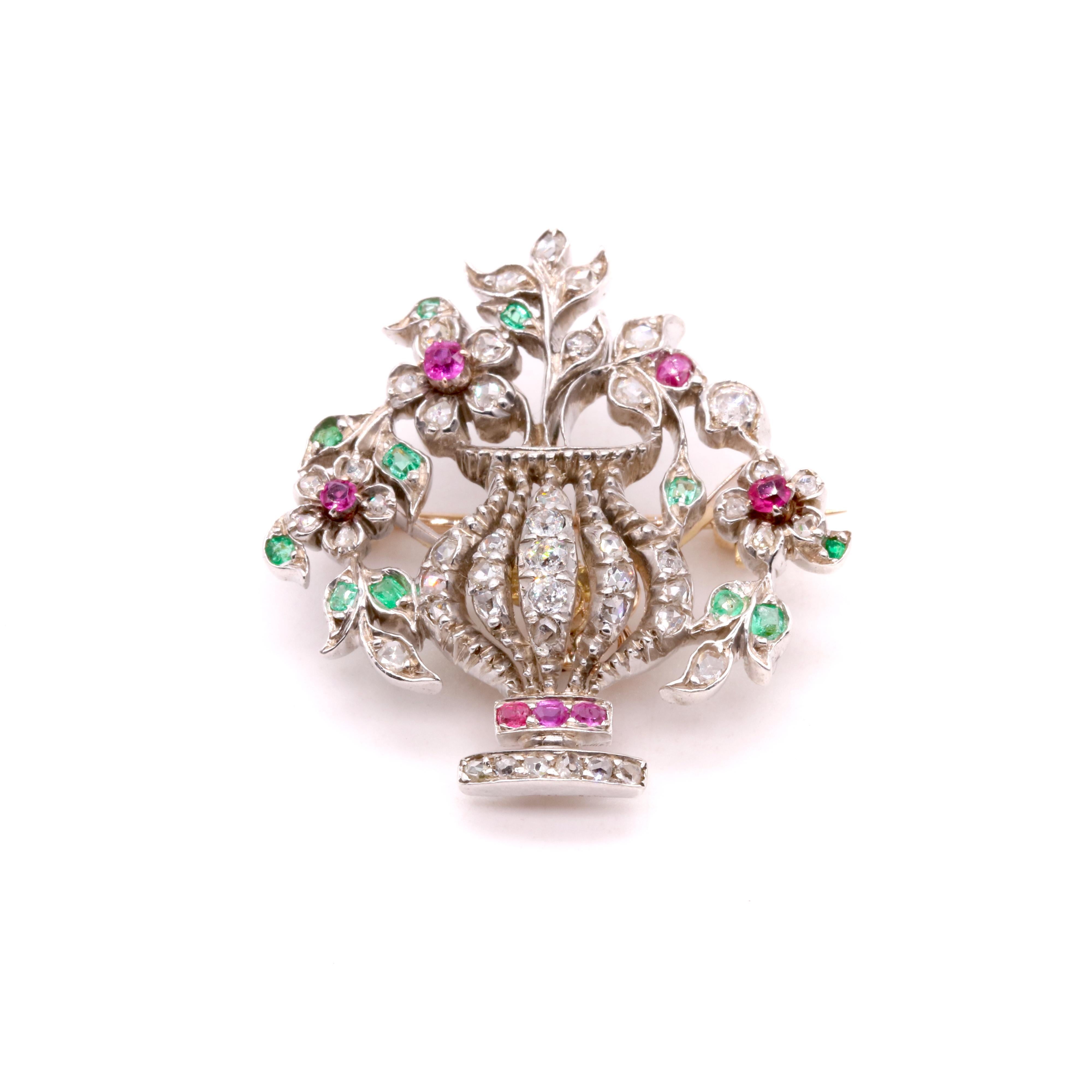 Antiguo broche victoriano de oro y plata con colgante de diamantes, rubíes y esmeraldas Jardiniere en venta 1