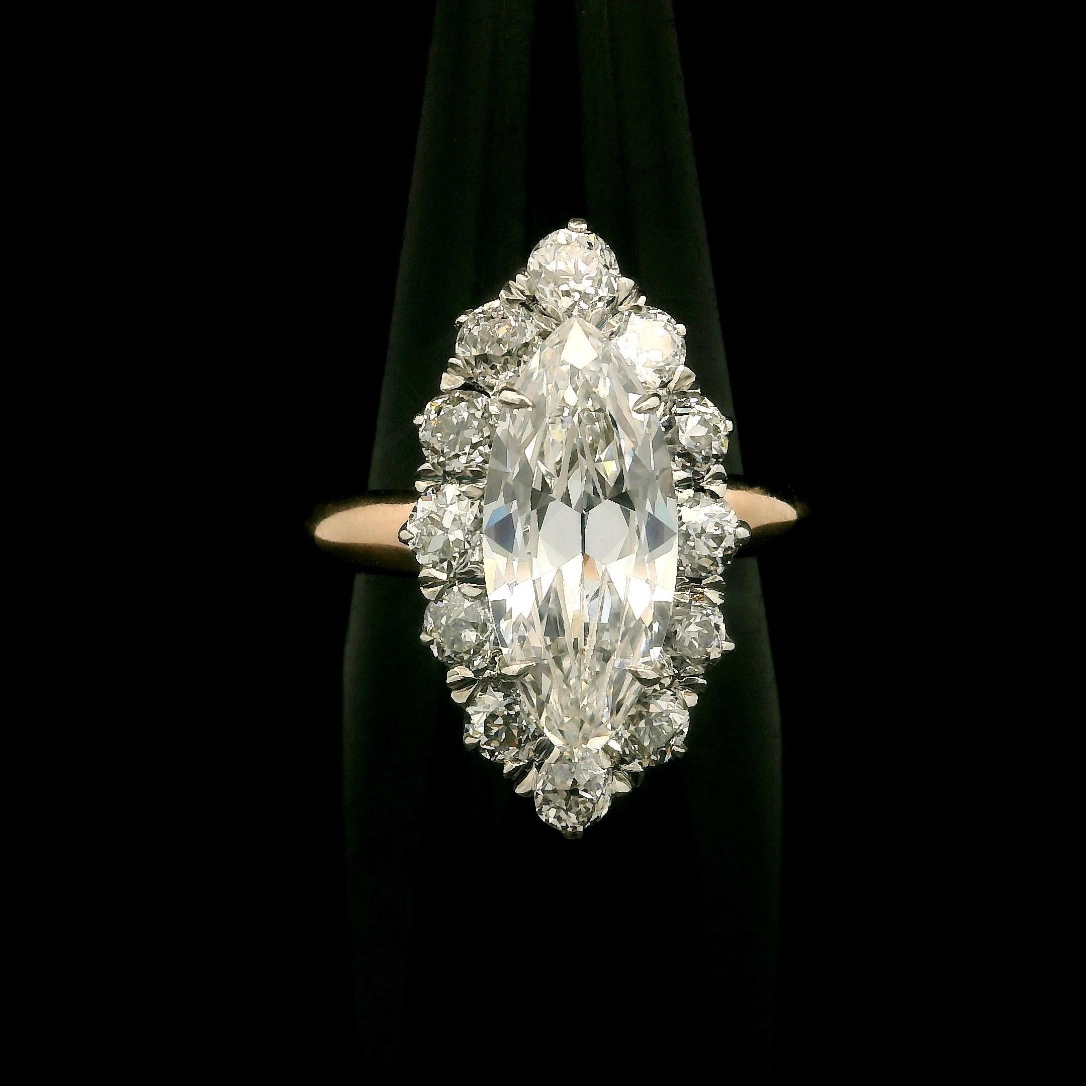 Antique Victorian Gold & Silver GIA 2.56ct Long Old Marquise Diamond Halo Ring For Sale 5