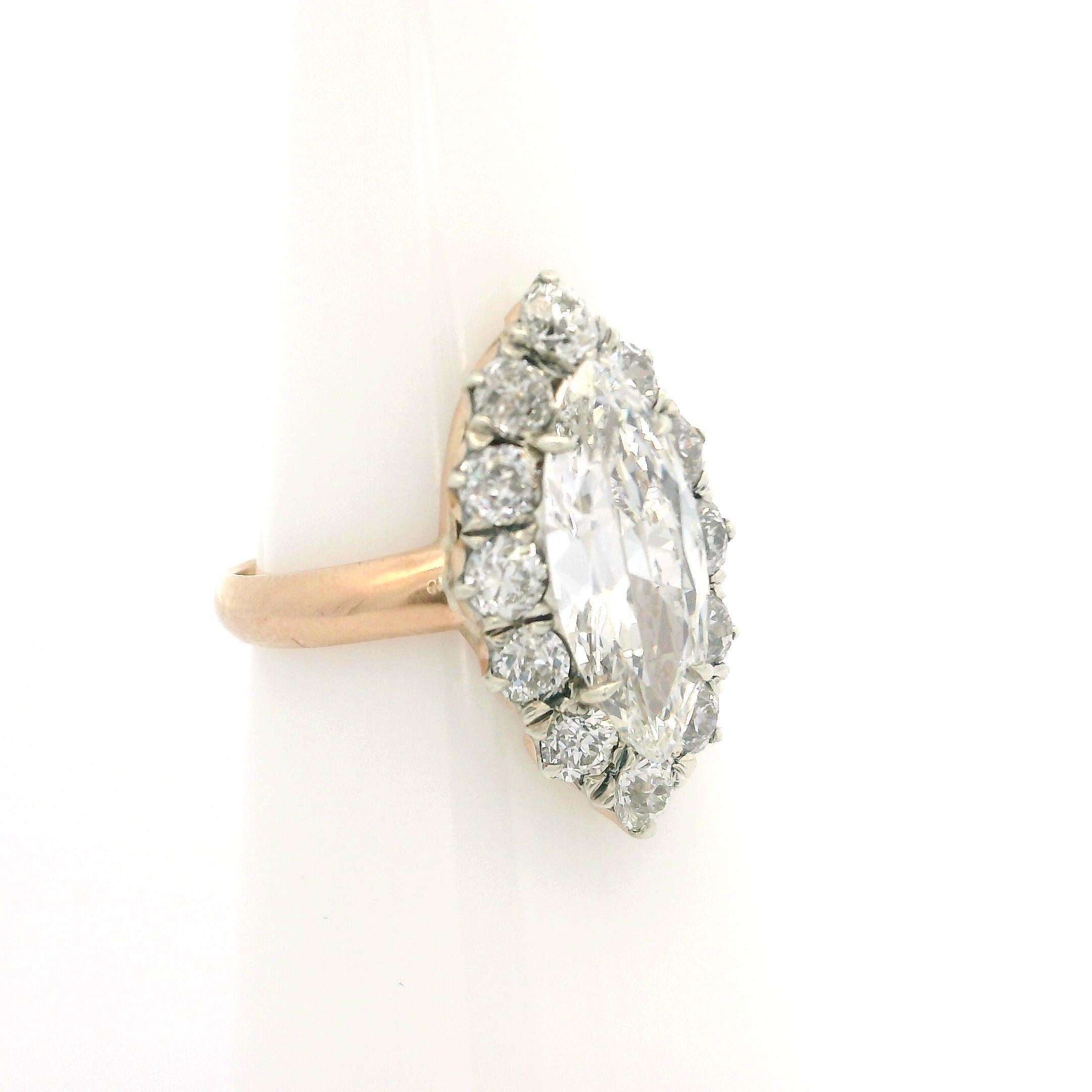 Antique Victorian Gold & Silver GIA 2.56ct Long Old Marquise Diamond Halo Ring For Sale 6