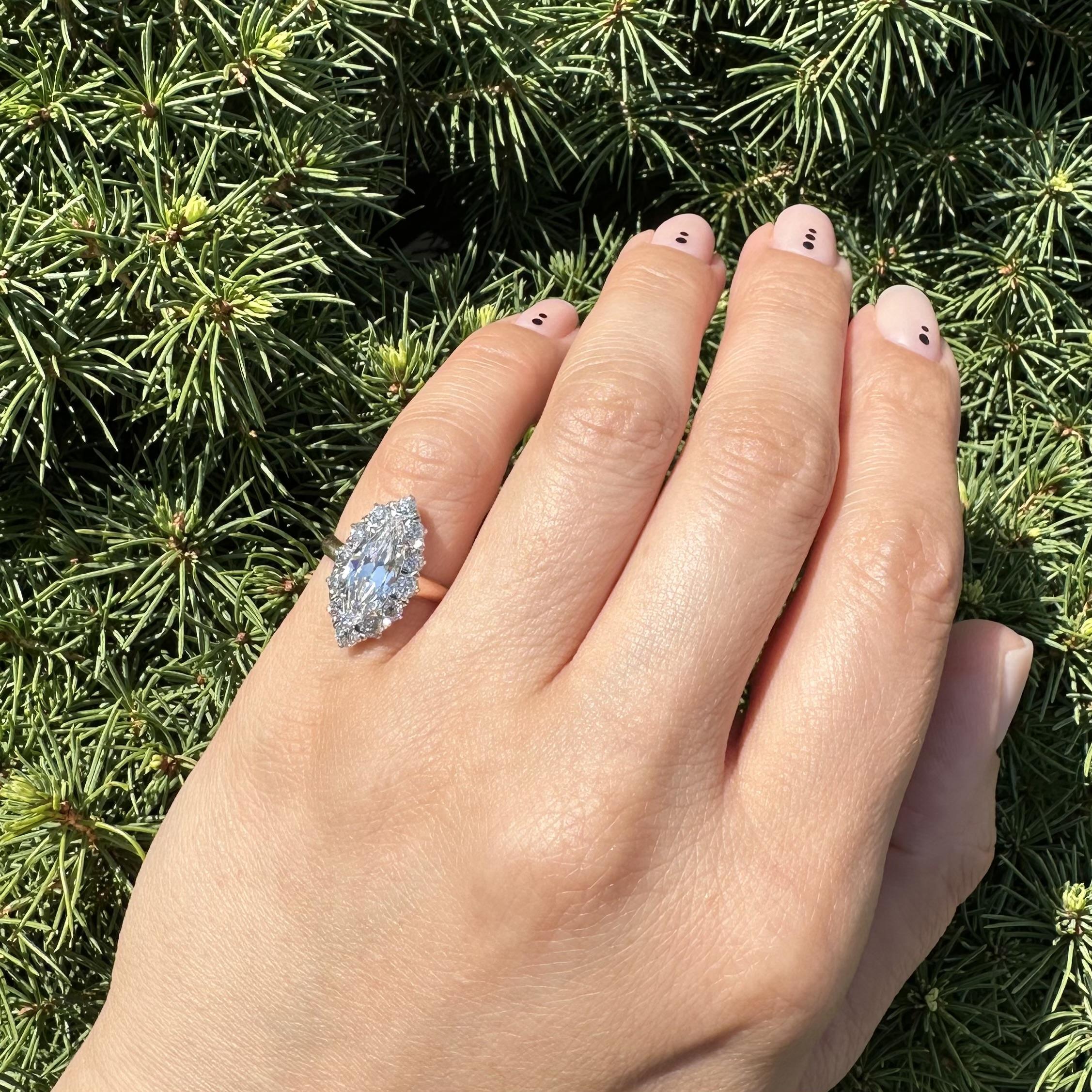 Antique Victorian Gold & Silver GIA 2.56ct Long Old Marquise Diamond Halo Ring For Sale 7