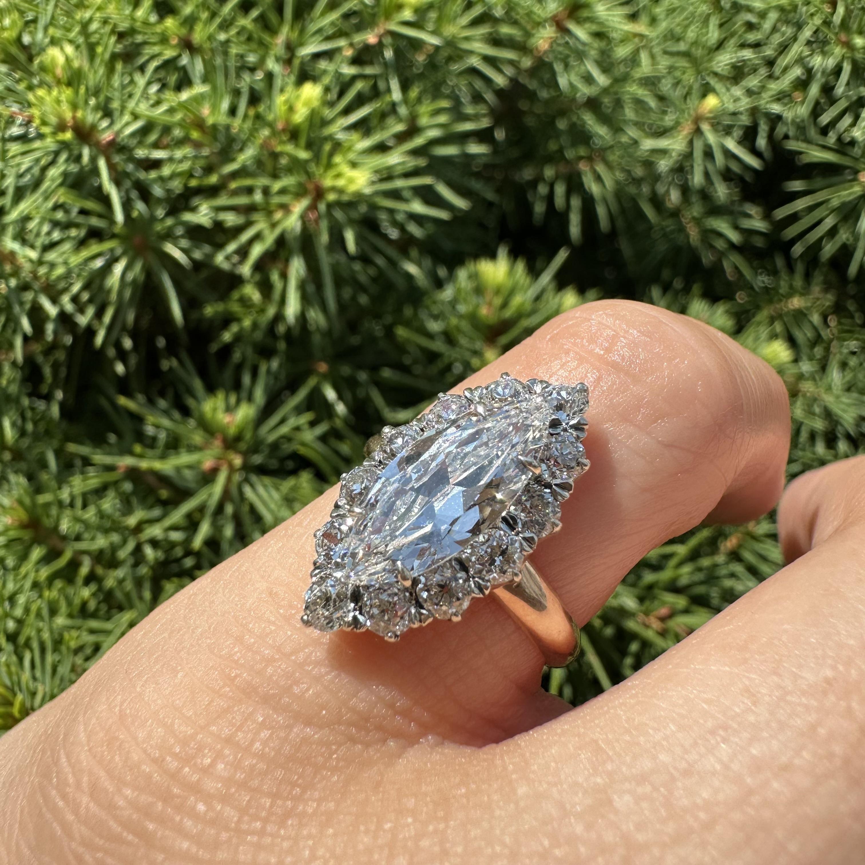 Antique Victorian Gold & Silver GIA 2.56ct Long Old Marquise Diamond Halo Ring For Sale 8