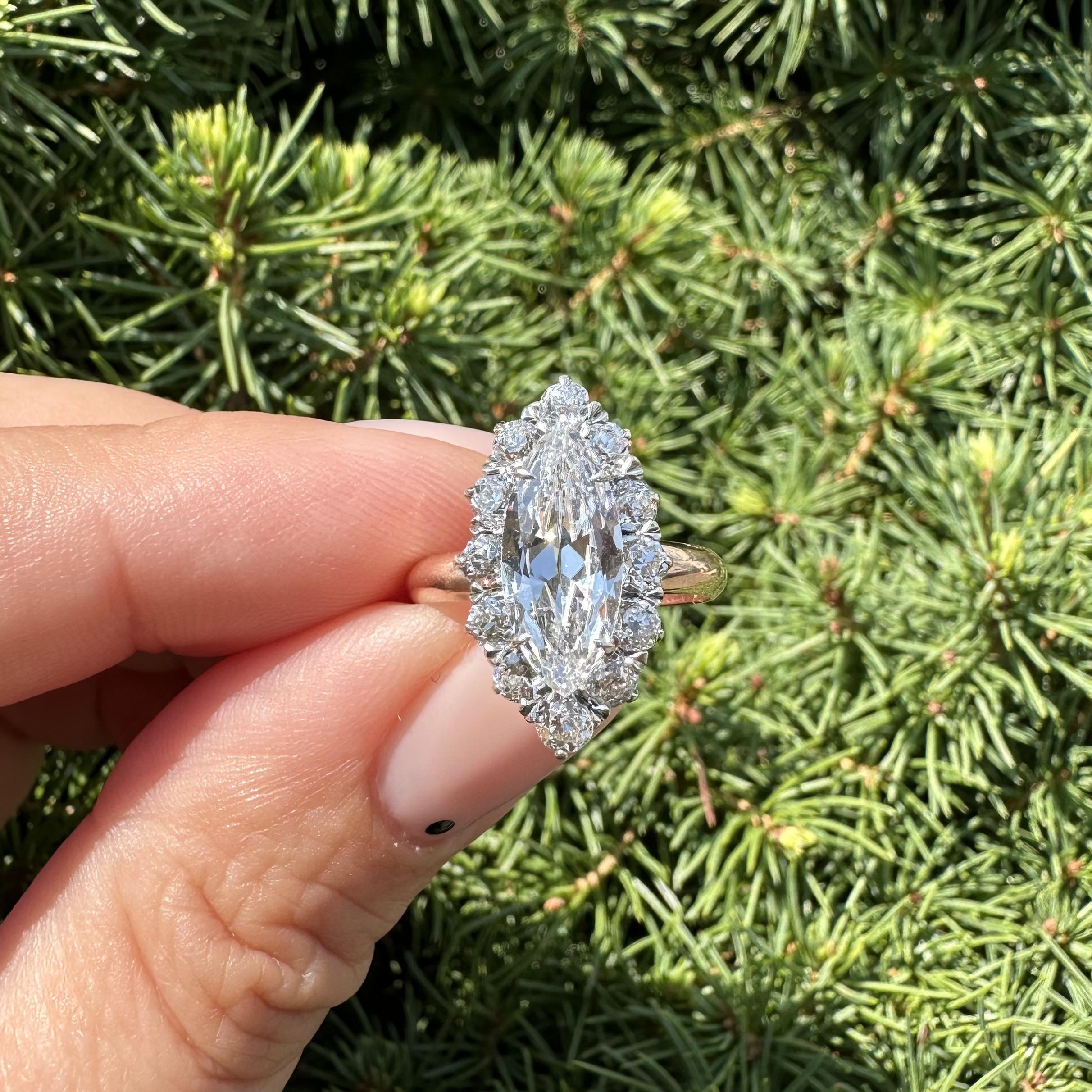 Antique Victorian Gold & Silver GIA 2.56ct Long Old Marquise Diamond Halo Ring For Sale 9