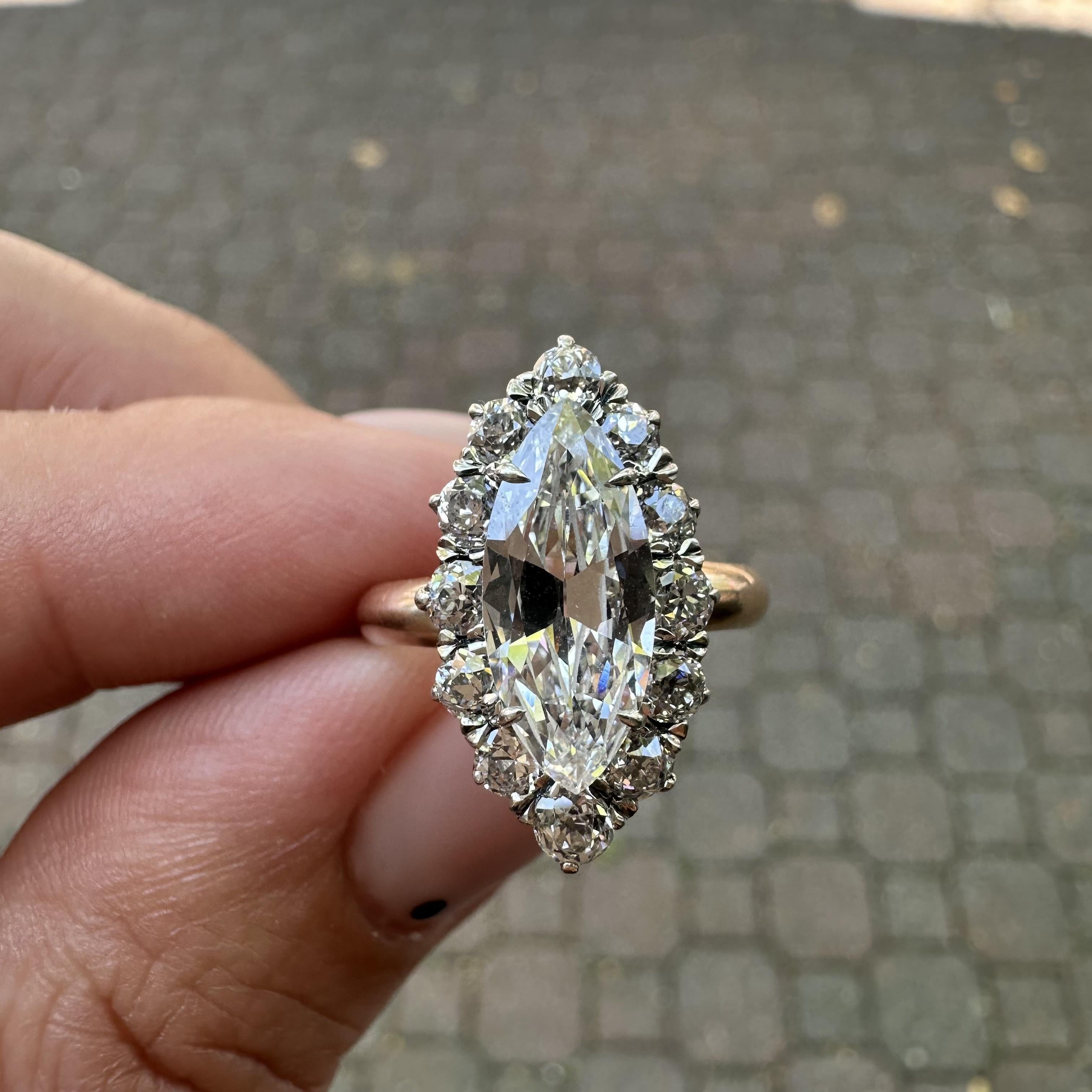 Antique Victorian Gold & Silver GIA 2.56ct Long Old Marquise Diamond Halo Ring For Sale 10