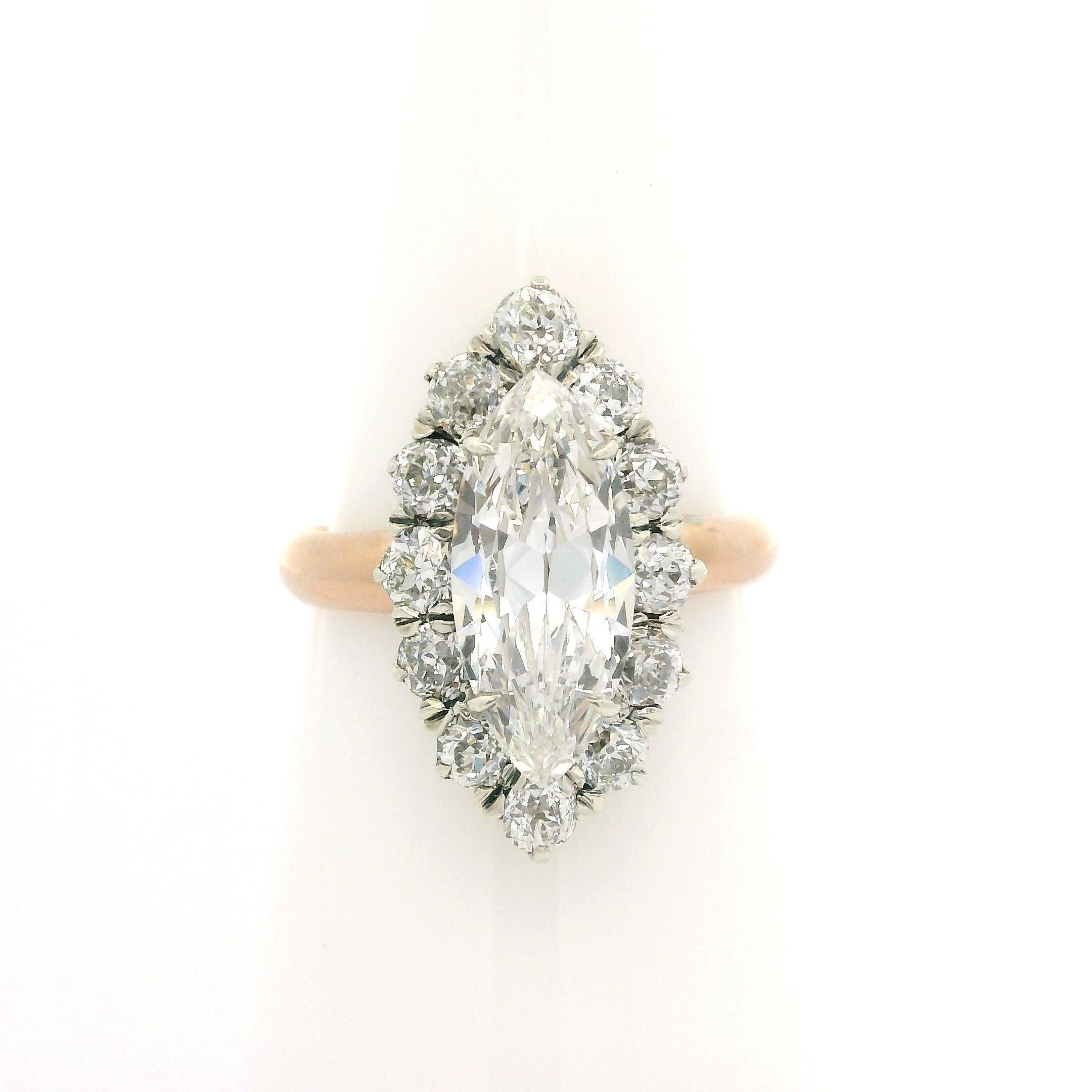 Antique Victorian Gold & Silver GIA 2.56ct Long Old Marquise Diamond Halo Ring For Sale 11