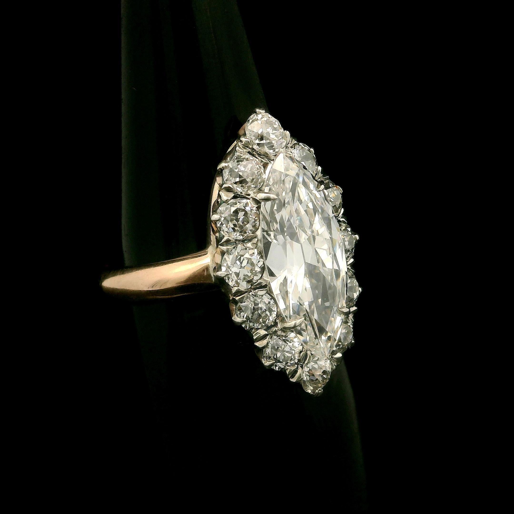 Marquise Cut Antique Victorian Gold & Silver GIA 2.56ct Long Old Marquise Diamond Halo Ring For Sale
