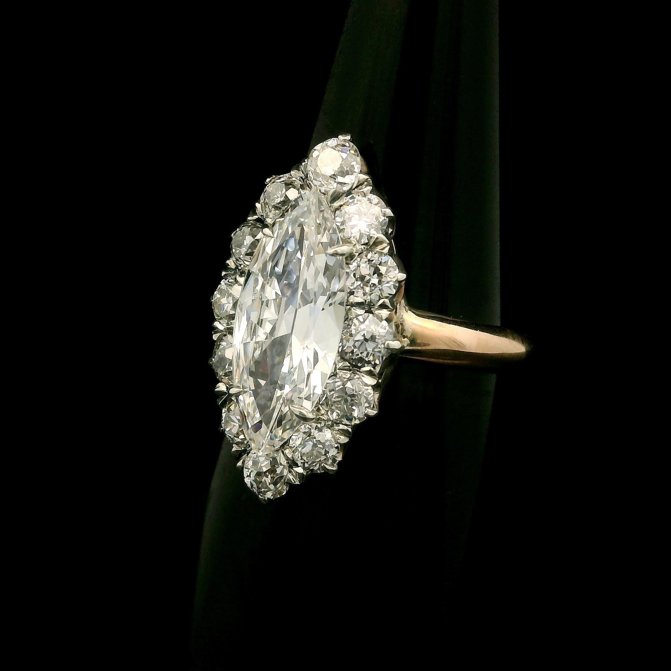 Antique Victorian Gold & Silver GIA 2.56ct Long Old Marquise Diamond Halo Ring In Good Condition For Sale In Montclair, NJ