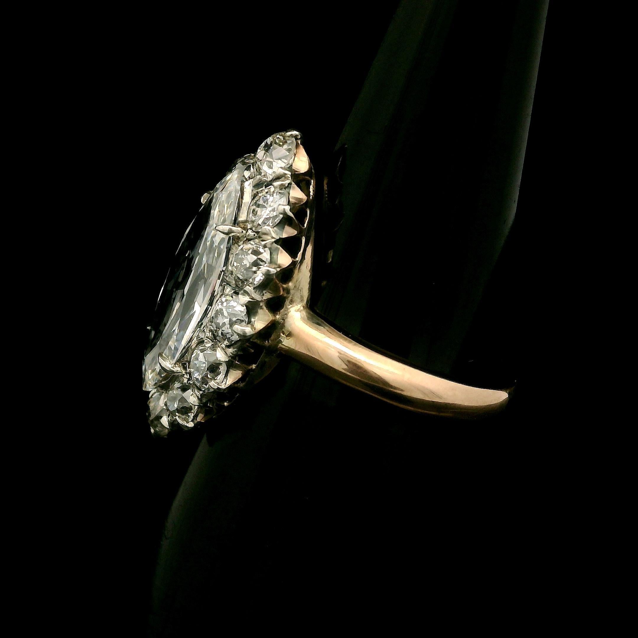 Women's Antique Victorian Gold & Silver GIA 2.56ct Long Old Marquise Diamond Halo Ring For Sale