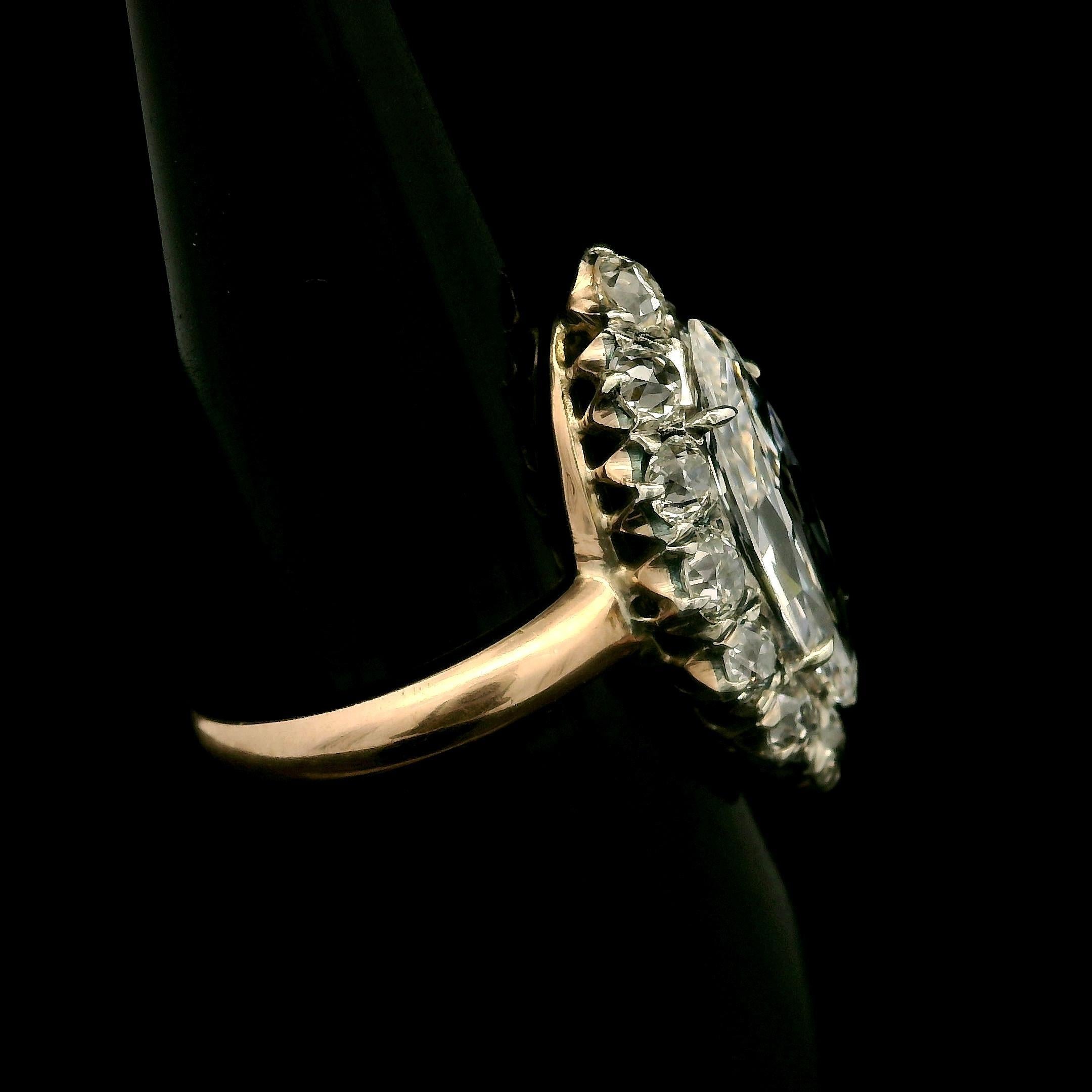 Antique Victorian Gold & Silver GIA 2.56ct Long Old Marquise Diamond Halo Ring For Sale 1
