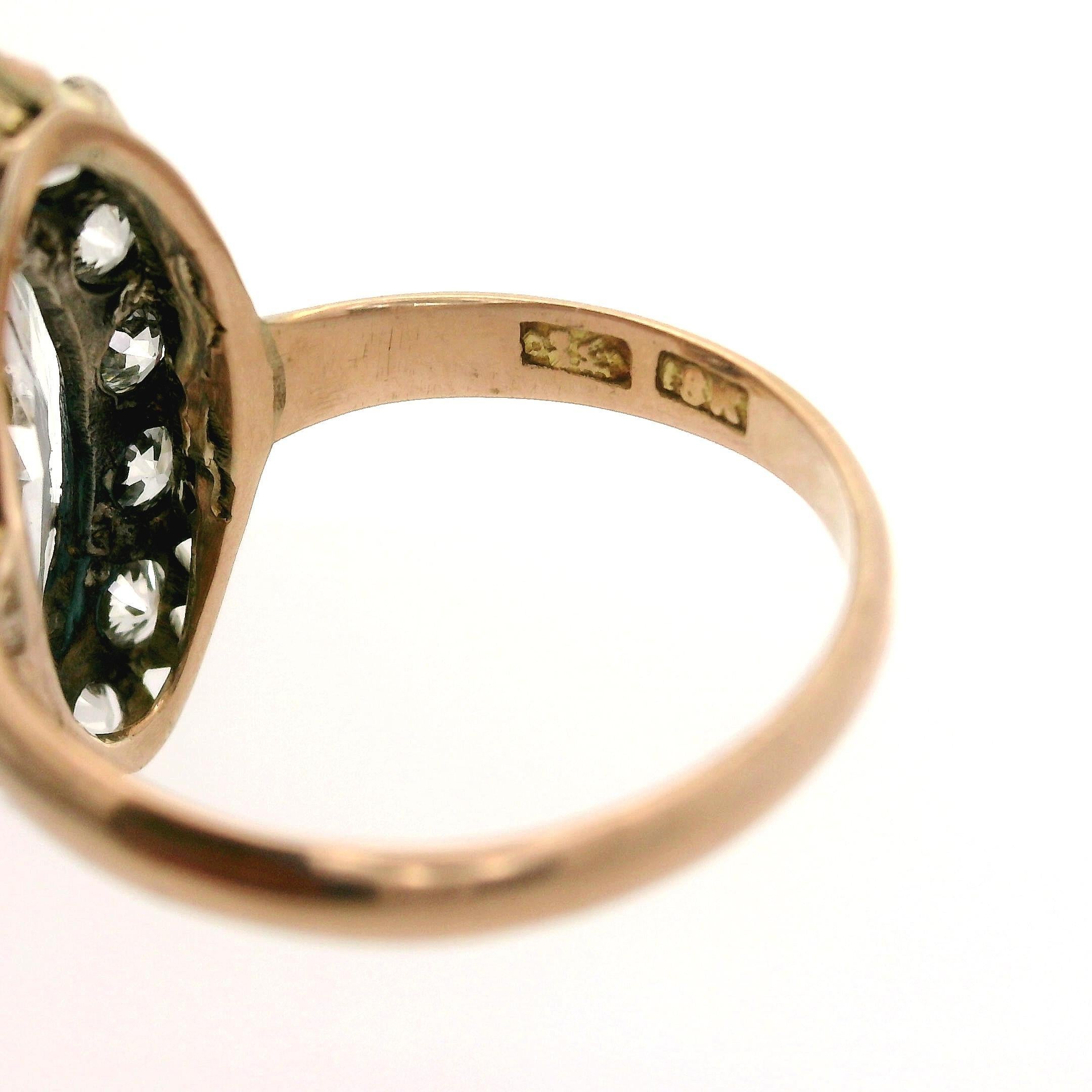 Antique Victorian Gold & Silver GIA 2.56ct Long Old Marquise Diamond Halo Ring For Sale 2