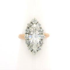 Antique Victorian Gold & Silver GIA 2.56ct Long Old Marquise Diamond Halo Ring