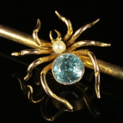Antique Victorian Gold Spider Brooch Aquamarine Pearl, circa 1890