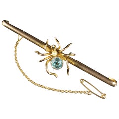 Antique Victorian Gold Spider Brooch Aquamarine Pearl, circa 1890