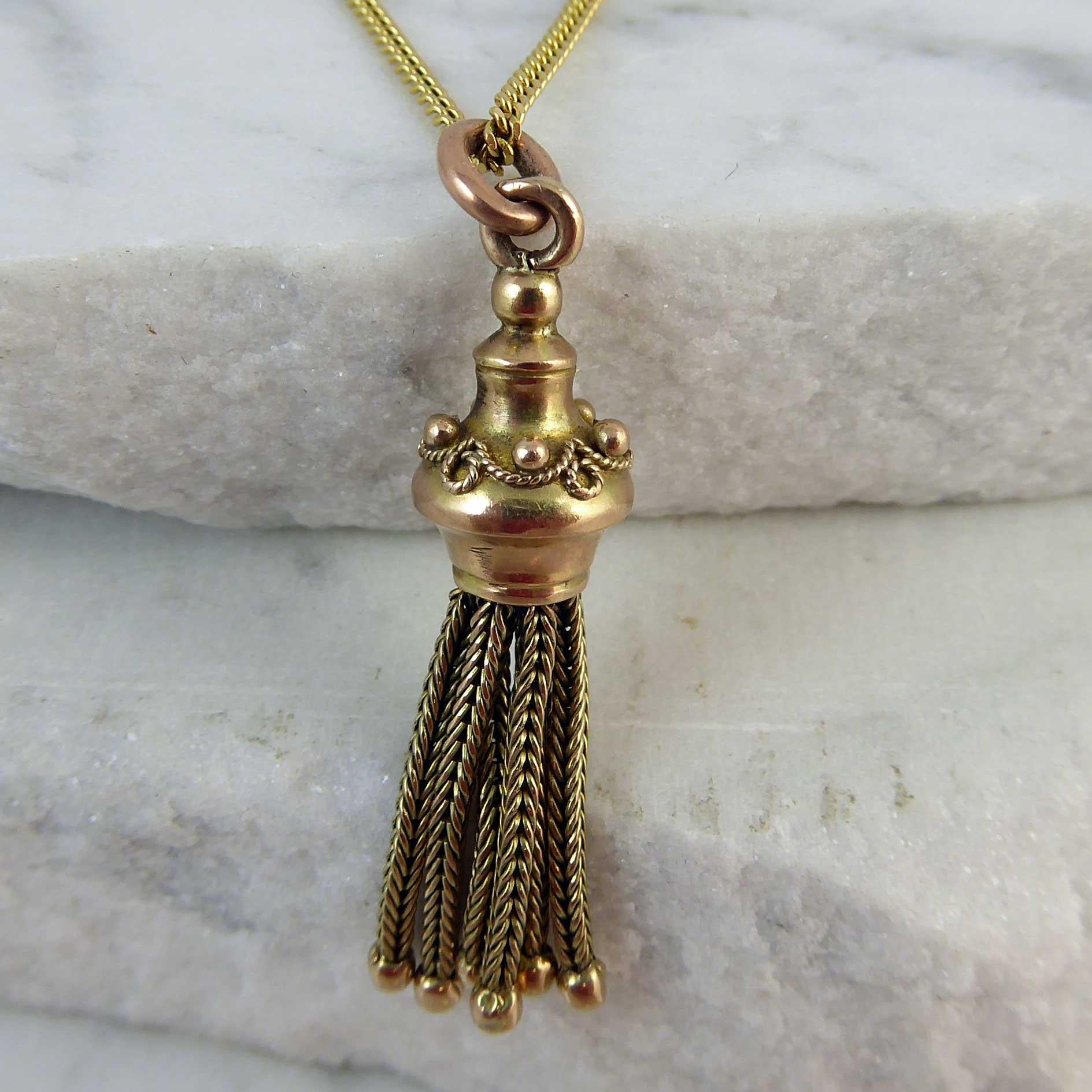 Women's or Men's Antique Victorian Gold Tassel Pendant with Modern Chain, 9 Carat Yellow Gold