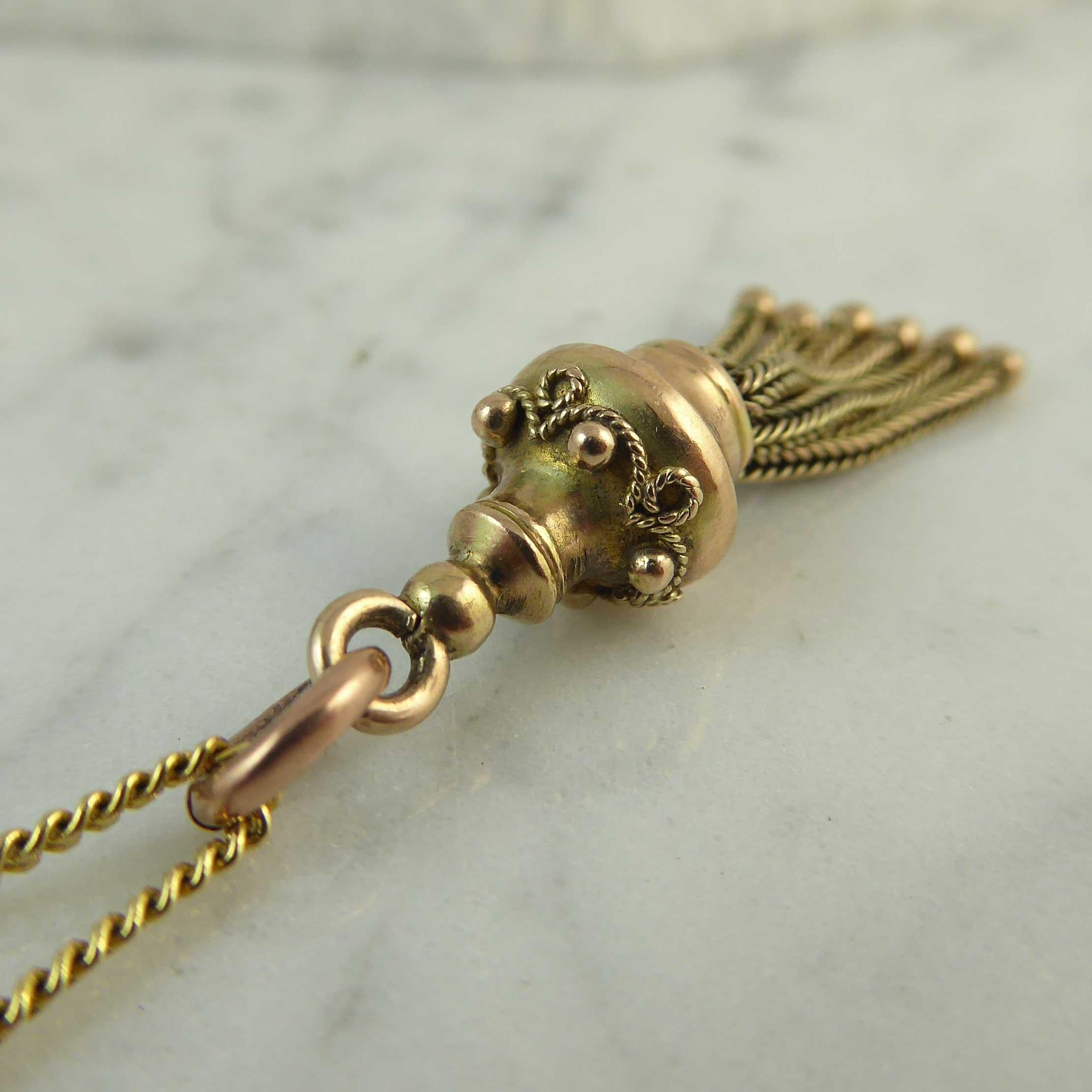 Antique Victorian Gold Tassel Pendant with Modern Chain, 9 Carat Yellow Gold 1