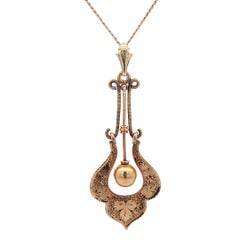 Antique Victorian Gold Textured Hand Engraved Floral Dangle Lavalier Pendant